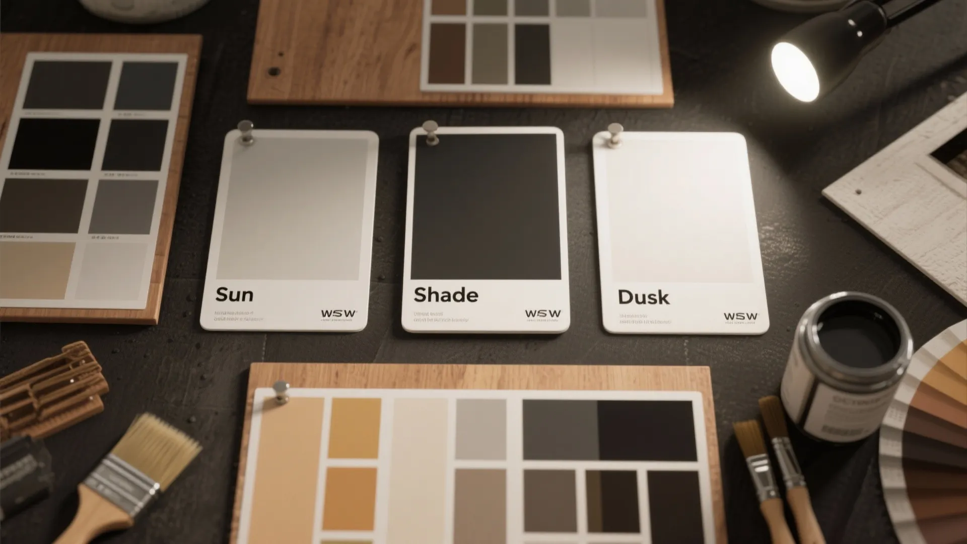 Color paint samples labeled Sun Shade and Dusk on a desk with brushes and lamp