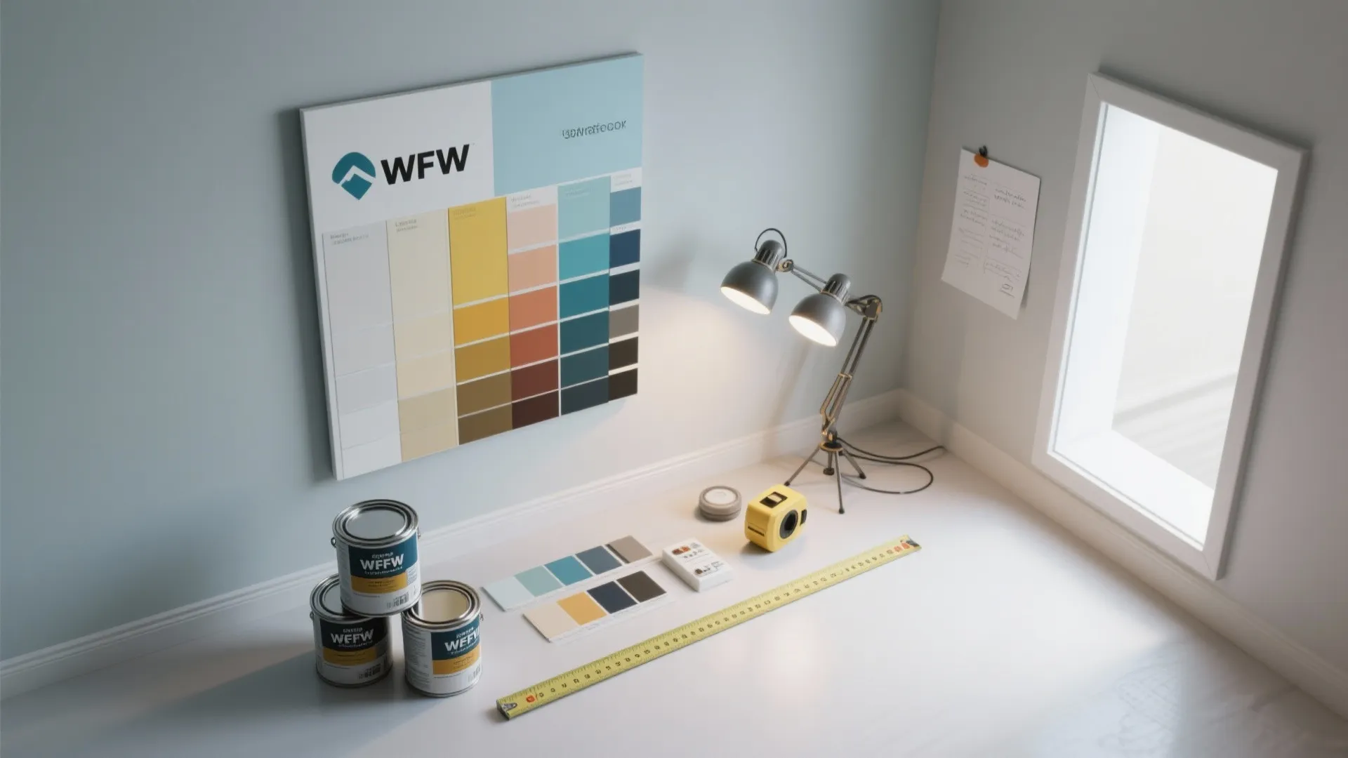 Top-down visual guide showing paint sampling, mock panel, swatches, and lighting tests for choosing a single paint color.