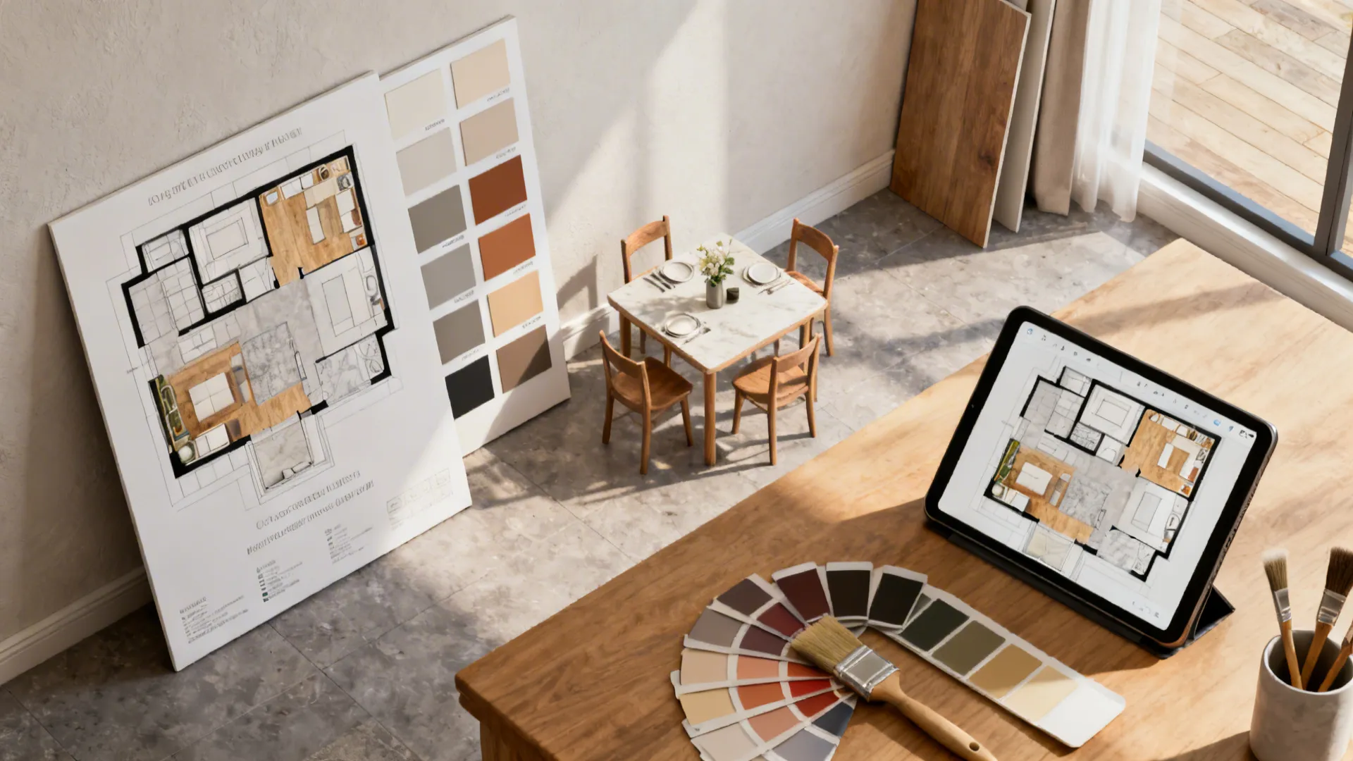 Top-down view of paint sample boards and a tablet with a 3D floor planner in a small dining area