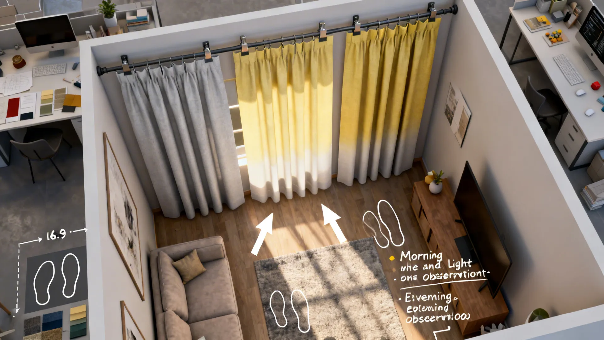 Top-down mockup showing curtain sample panels and furniture plan for morning and evening light testing.