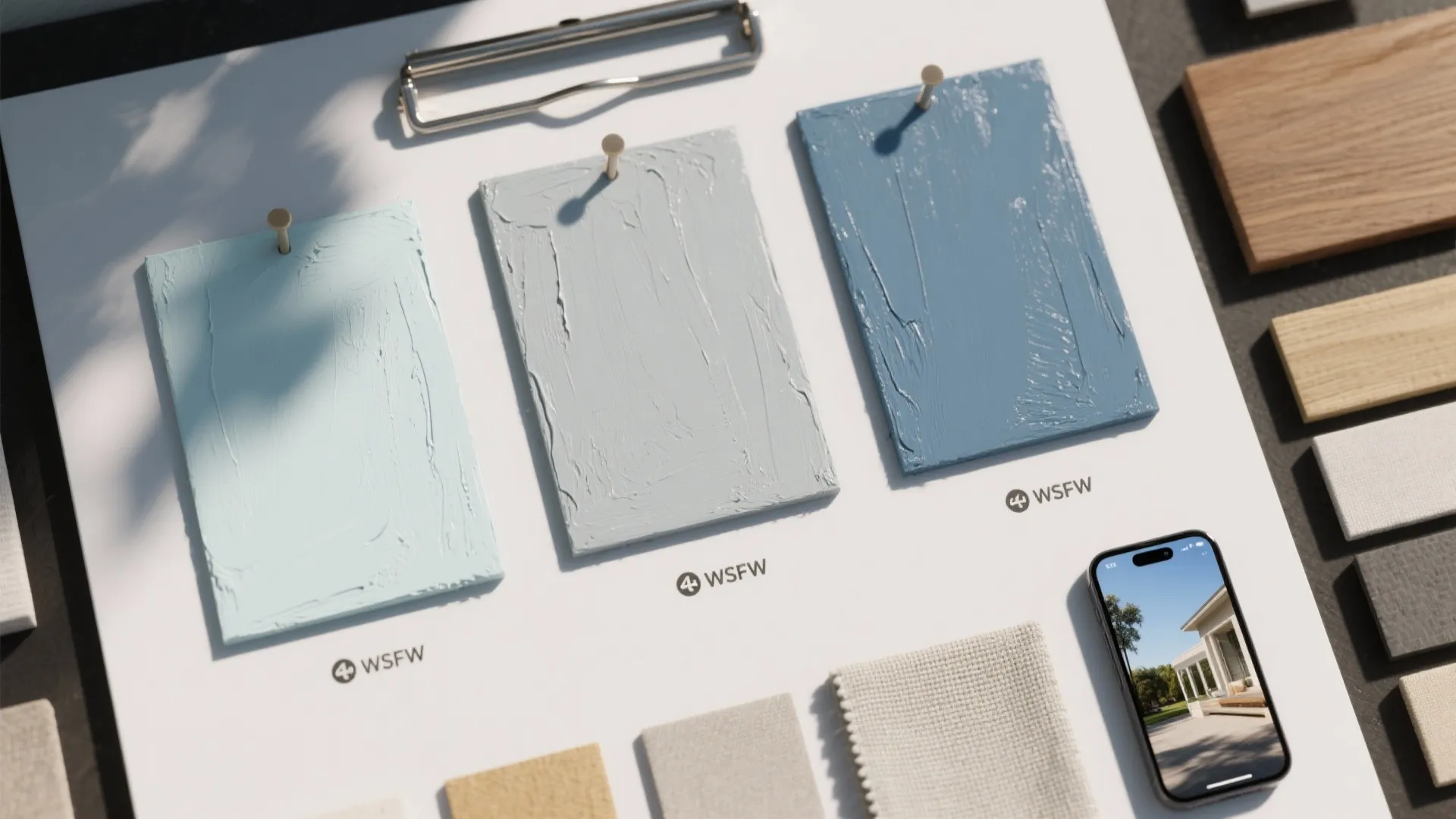 Mood board showing blue paint swatches fabric samples wood pieces and a smartphone displaying house