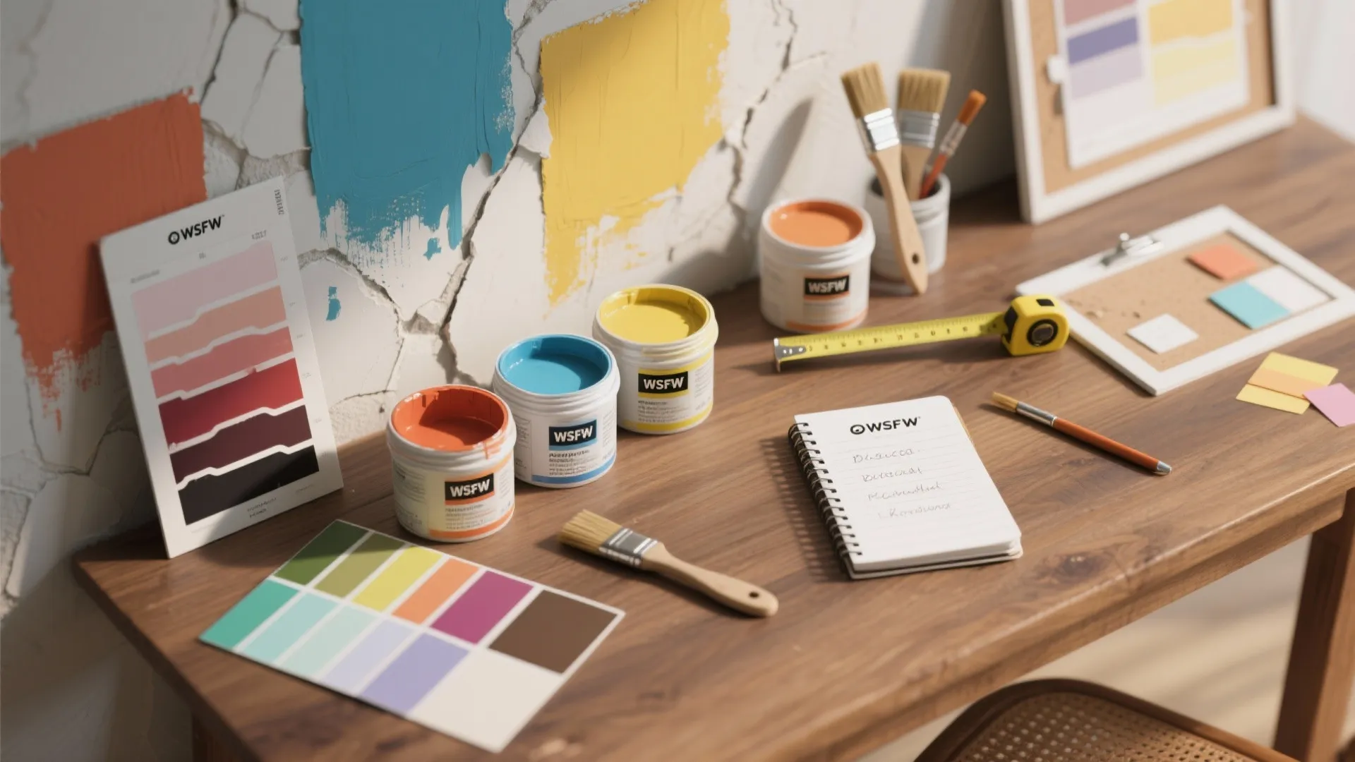 Wooden table with colorful paint cans brushes color swatches and a notebook for home interior projects