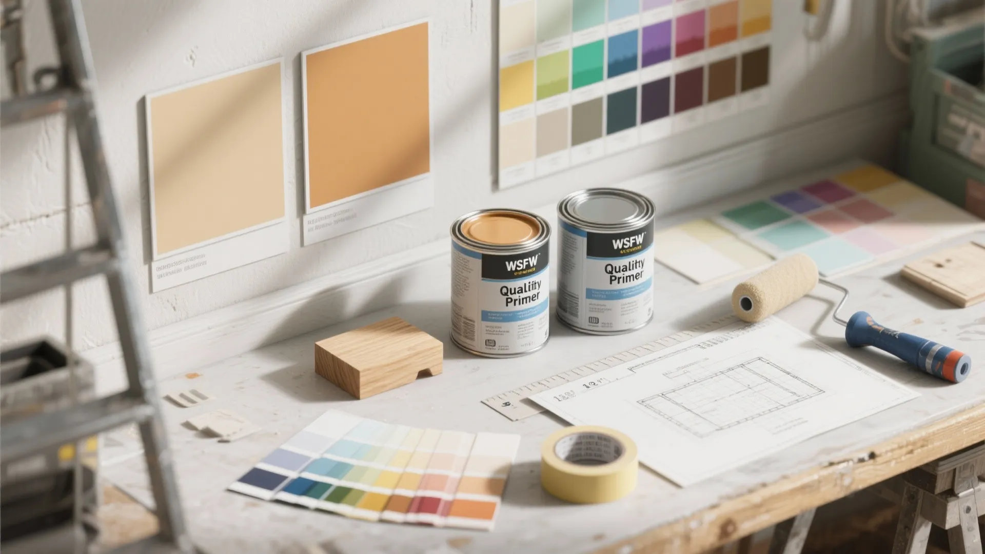Paint cans and color palettes on a desk with a floor plan drawing and tools