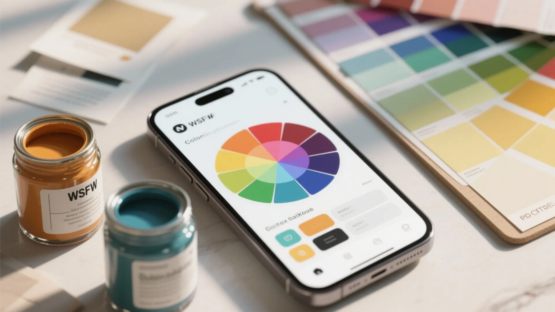 Smartphone showing a color wheel app next to paint jars and various interior design swatches