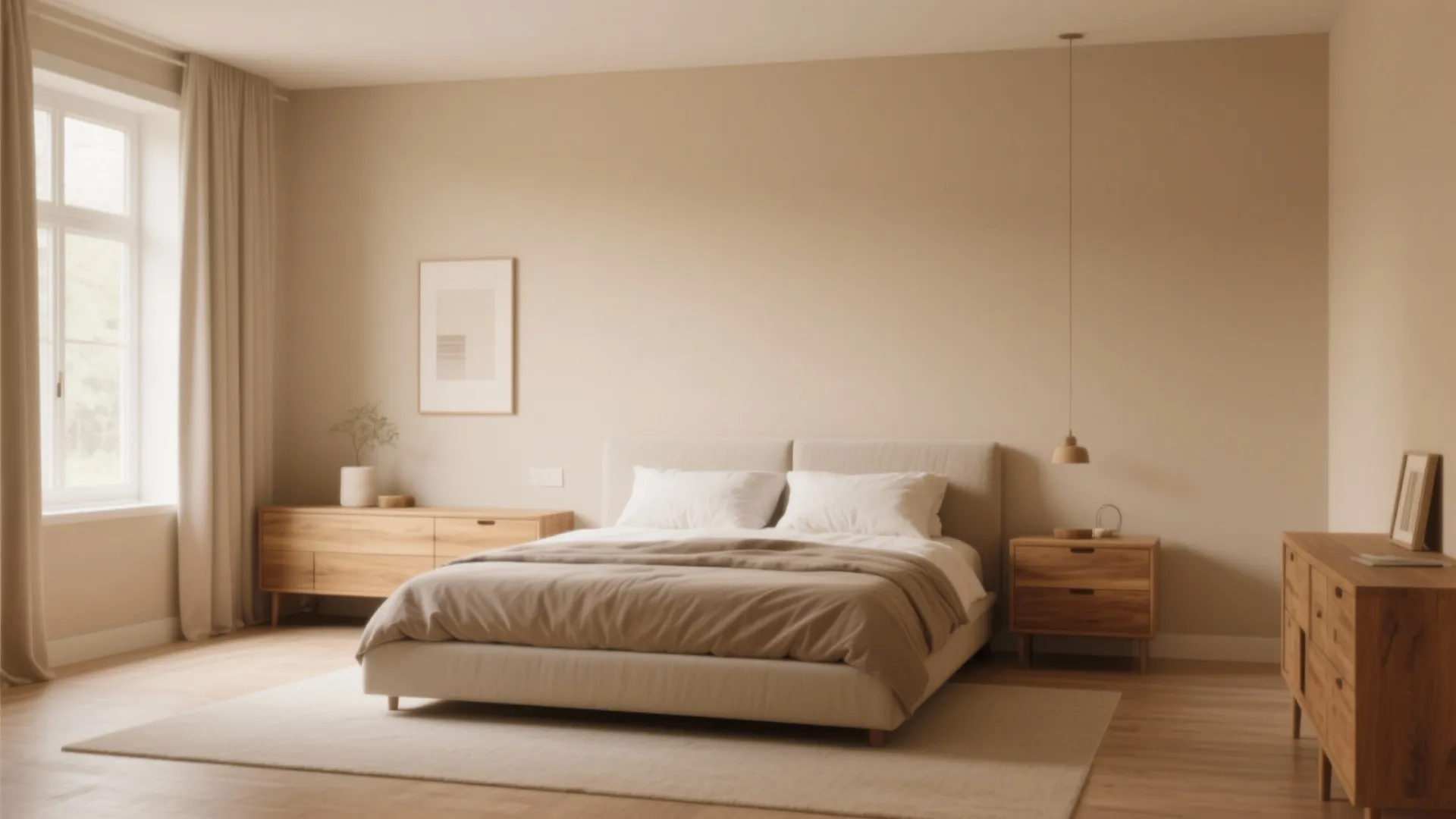 Sand wall bedroom with oak bed and nightstand