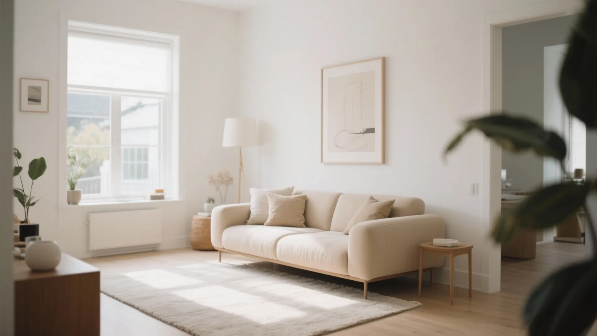 Bright living room with beige sofa wall art small side table and a soft rug