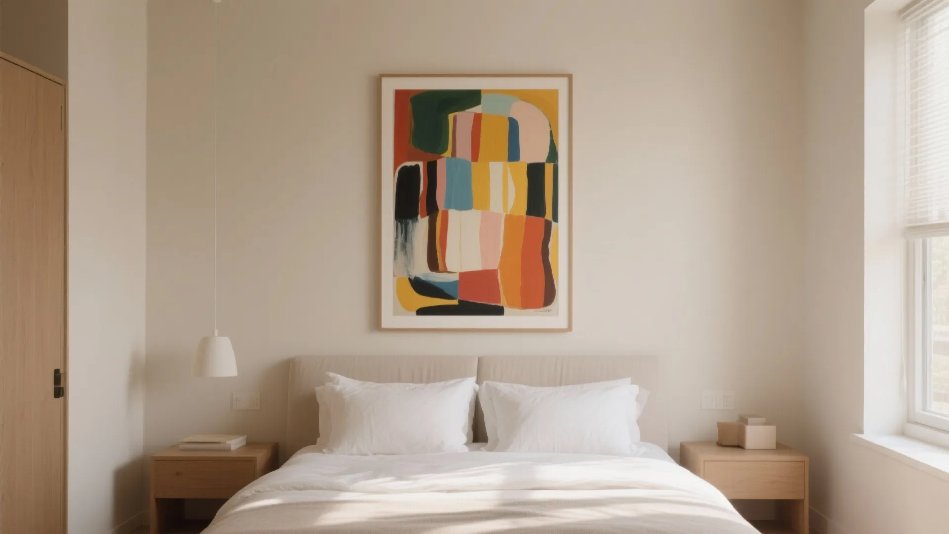 Sand wall bedroom with bold colorful artwork above bed