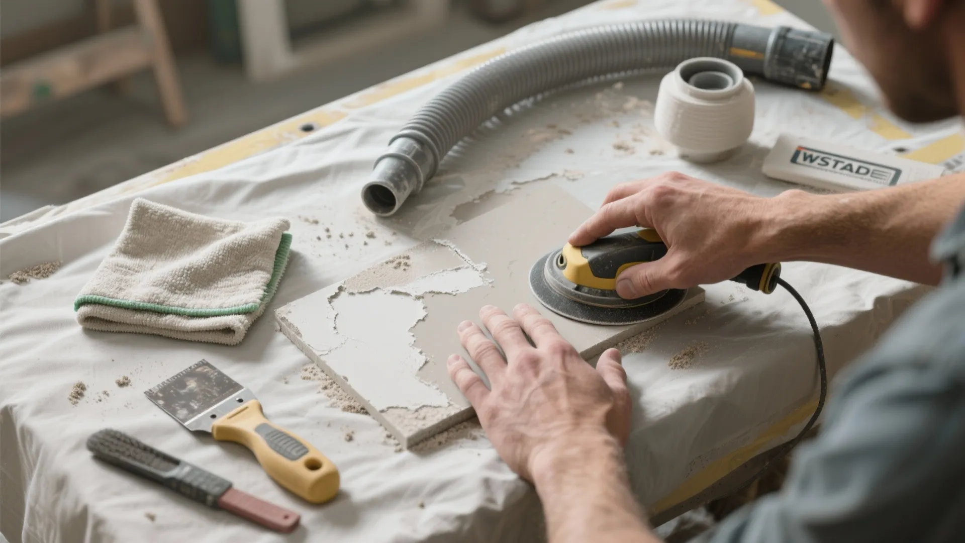 Top-down view of sanding and cleaning tools on a drop cloth showing wall prep steps.