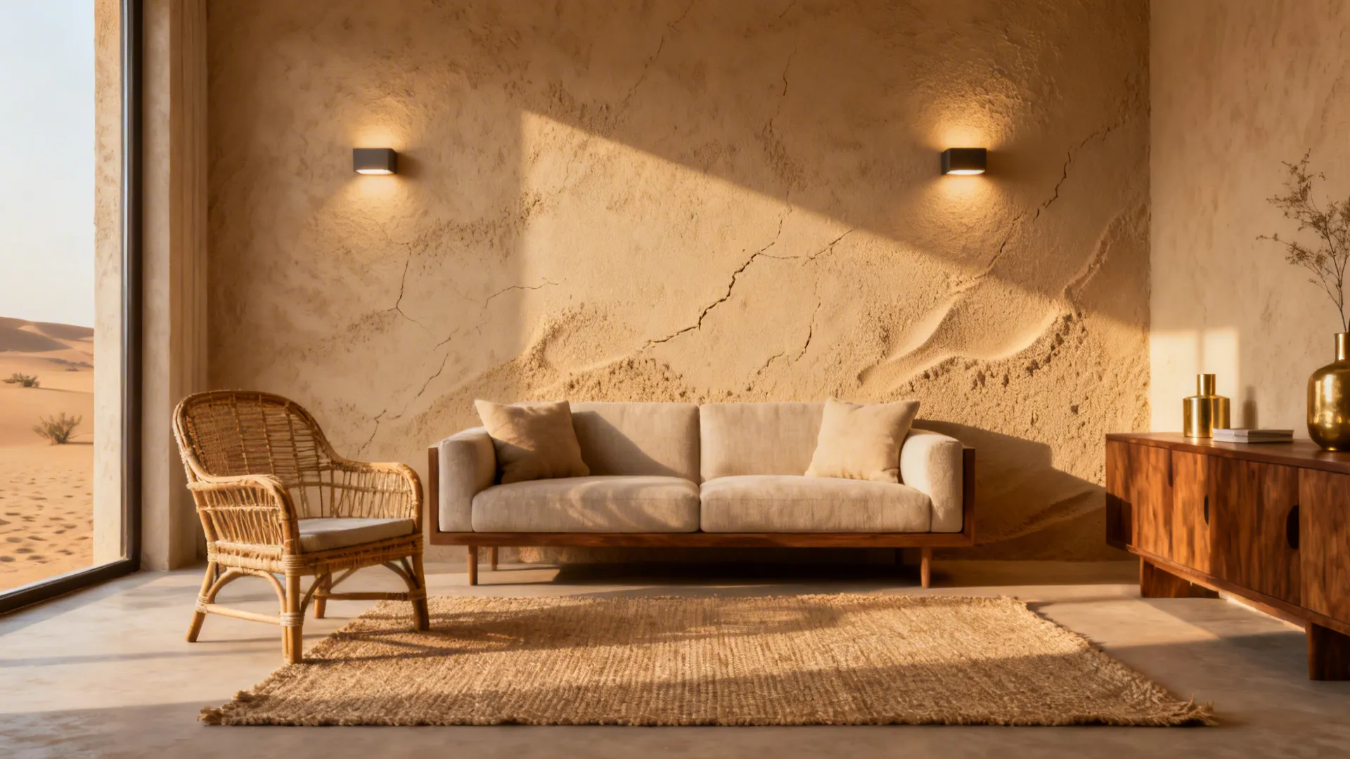 Fine sand-textured camel-toned accent wall with rattan, jute, and teak in a warm Indian living room.