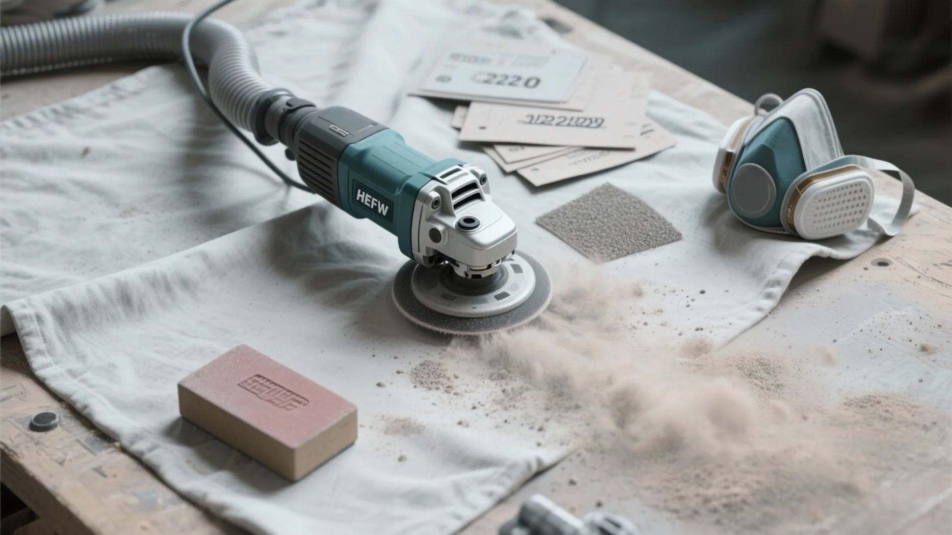Electric power sander tool on table with dust and safety mask for professional home renovation