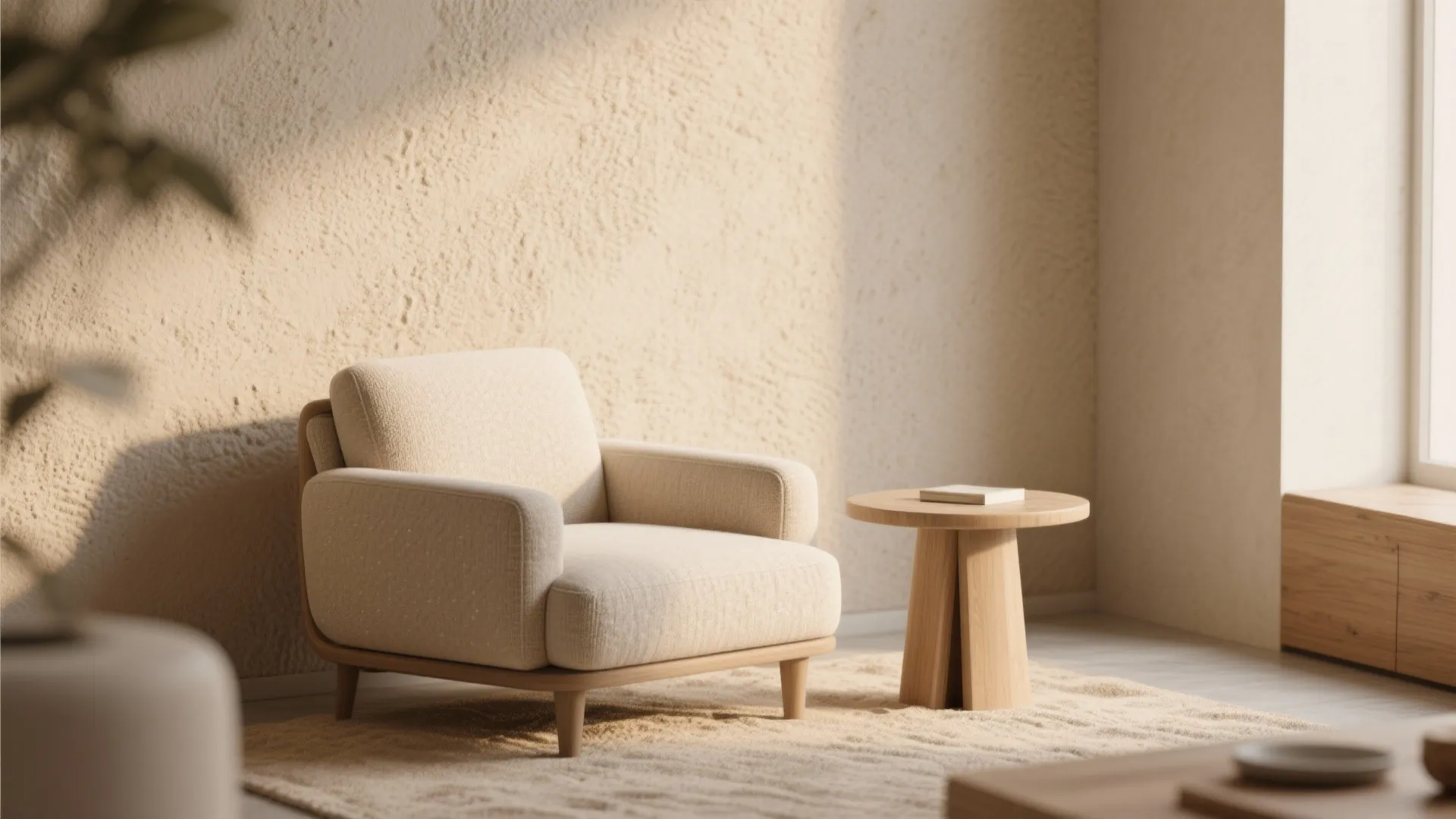 Minimalist living corner with beige armchair wooden side table textured wall rug and warm natural light