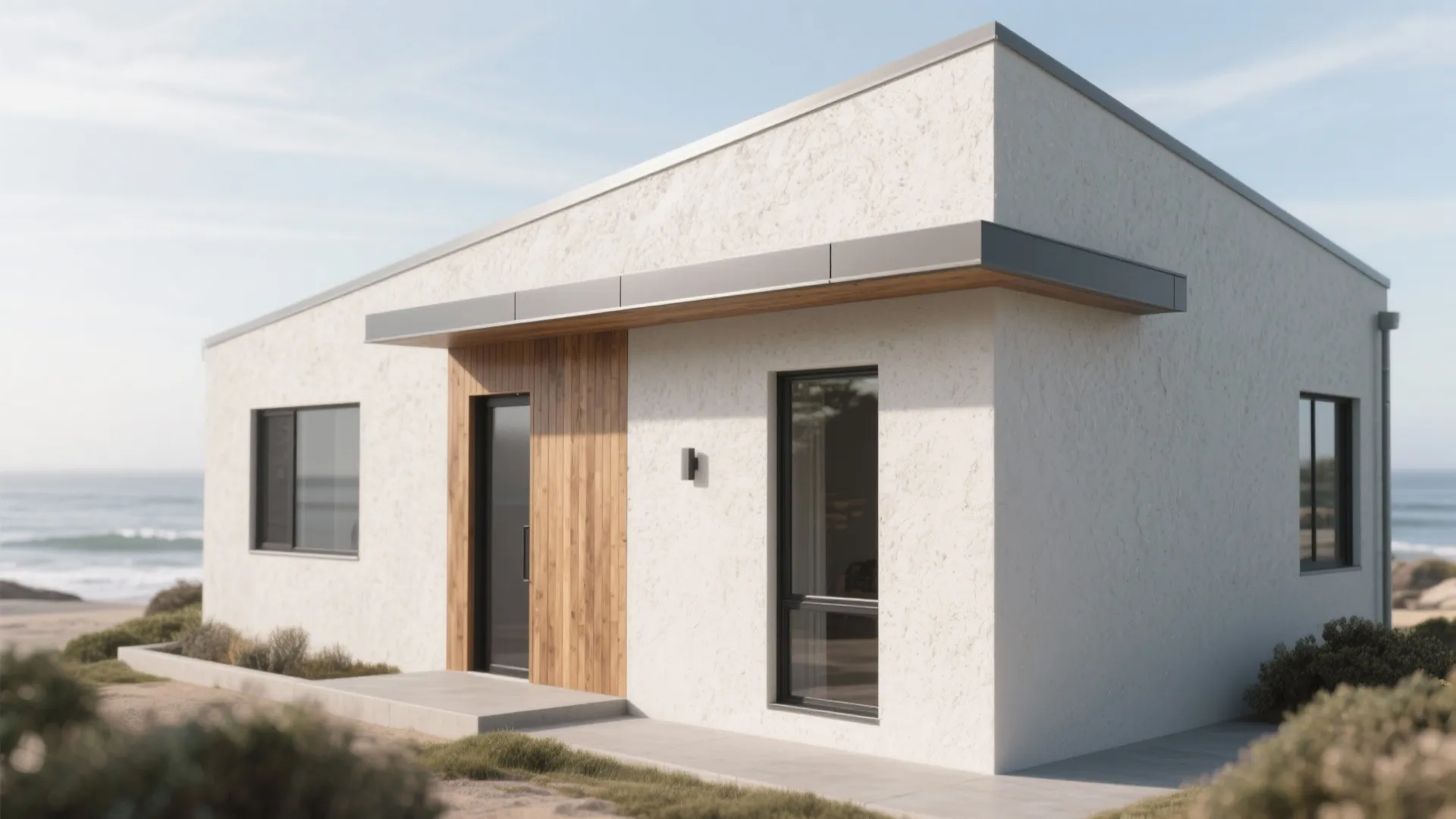 Modern white house with wood wall panel near the sea with windows and a flat roof