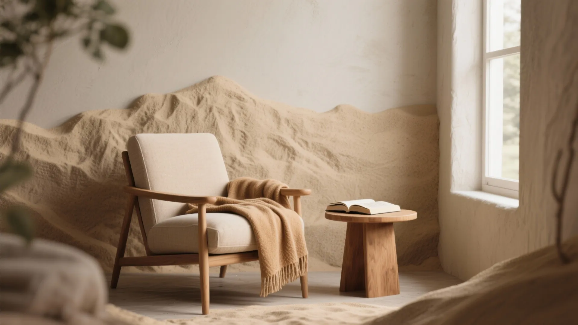Cozy reading nook with beige armchair wooden side table brown blanket and sand textured wall