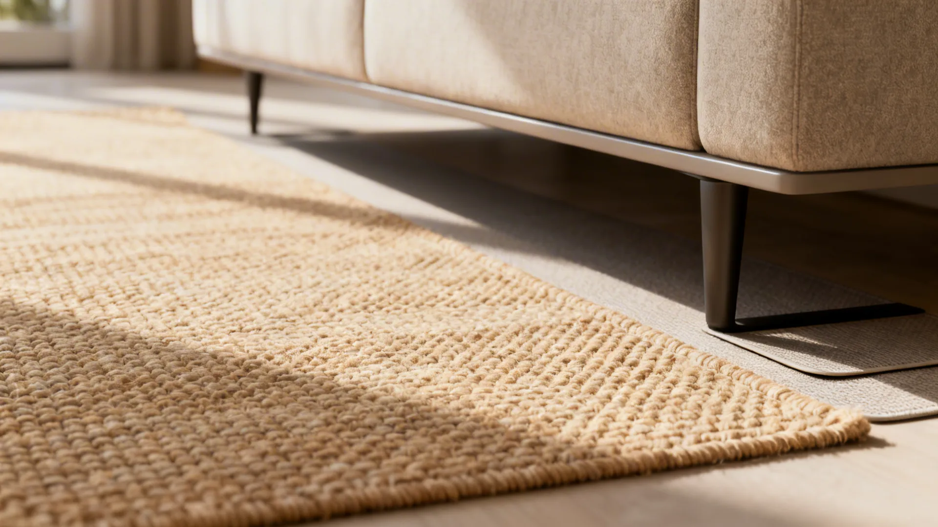 Close-up of warm sand flatweave rug texture next to a sofa leg