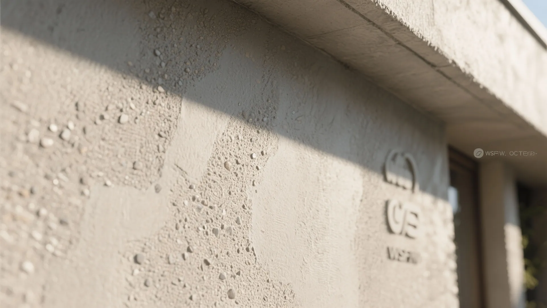 Close up of rough grey wall surface with small pebbles and sunlight showing fine texture