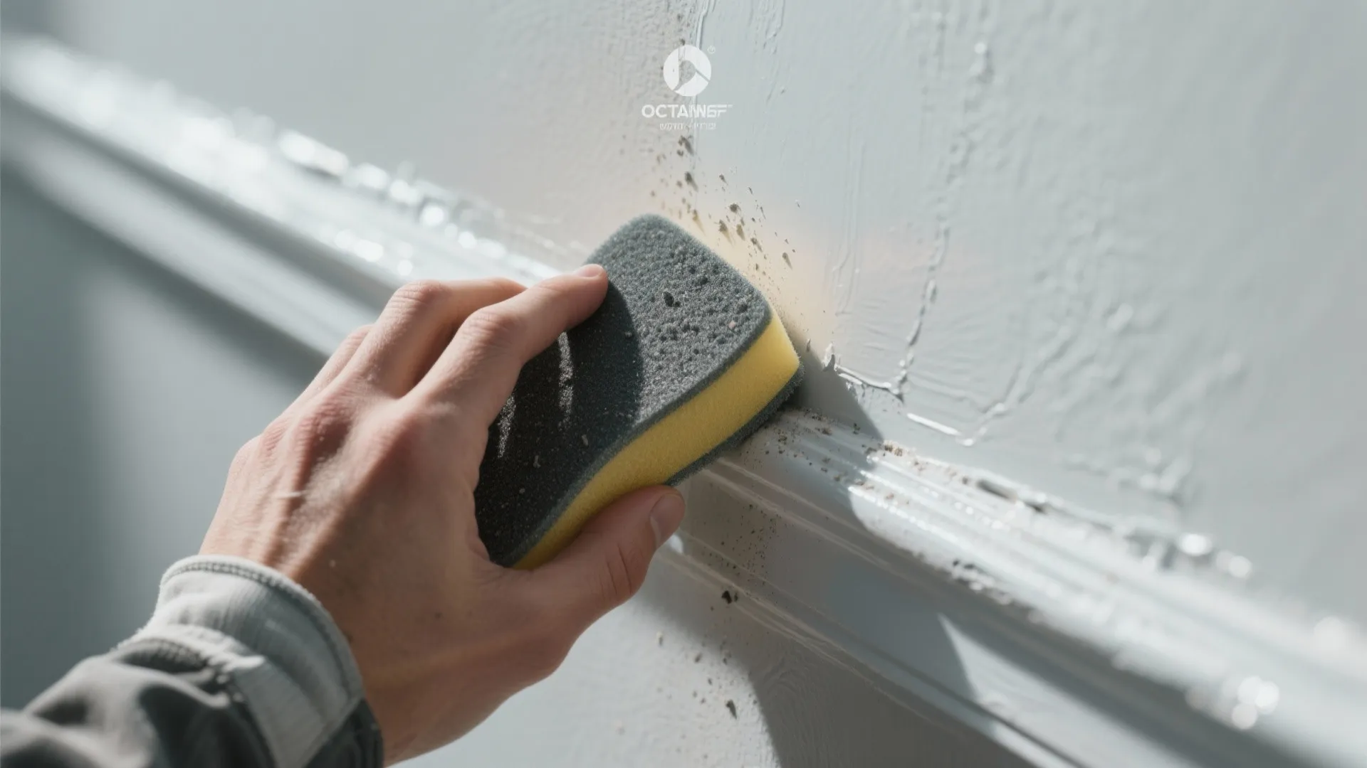 Macro shot of a sanding sponge dulling a glossy painted wall edge to improve paint adhesion.