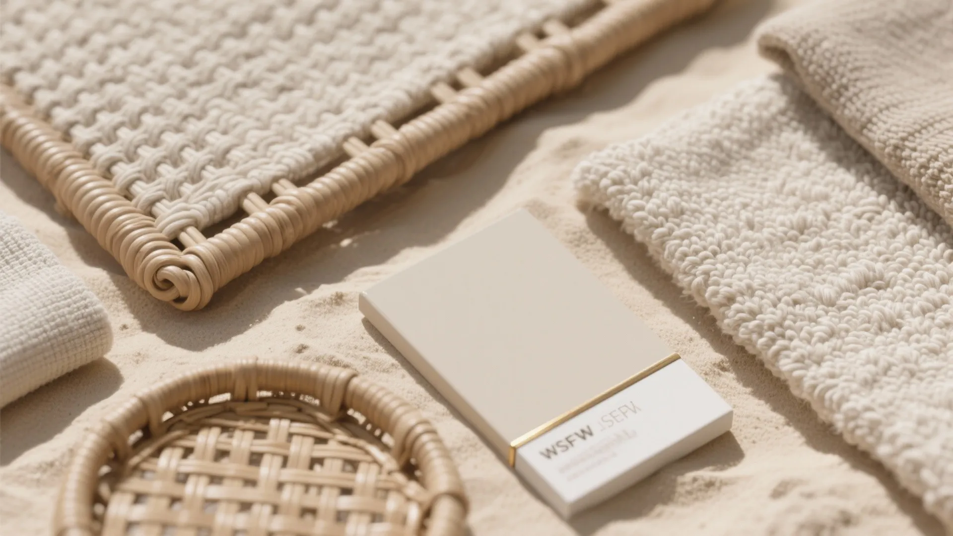 Interior design material samples featuring woven wicker and soft beige fabric placed on natural sand