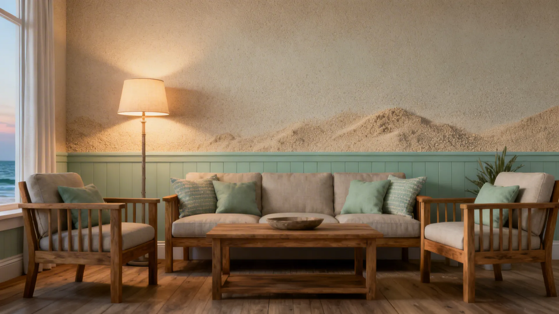 Cozy living room with a fine sand-infused accent wall in soft neutral tones.