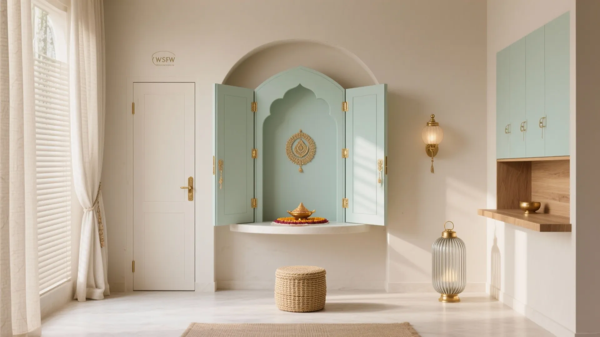 2) Light Sand, Mint, and Brass Accents