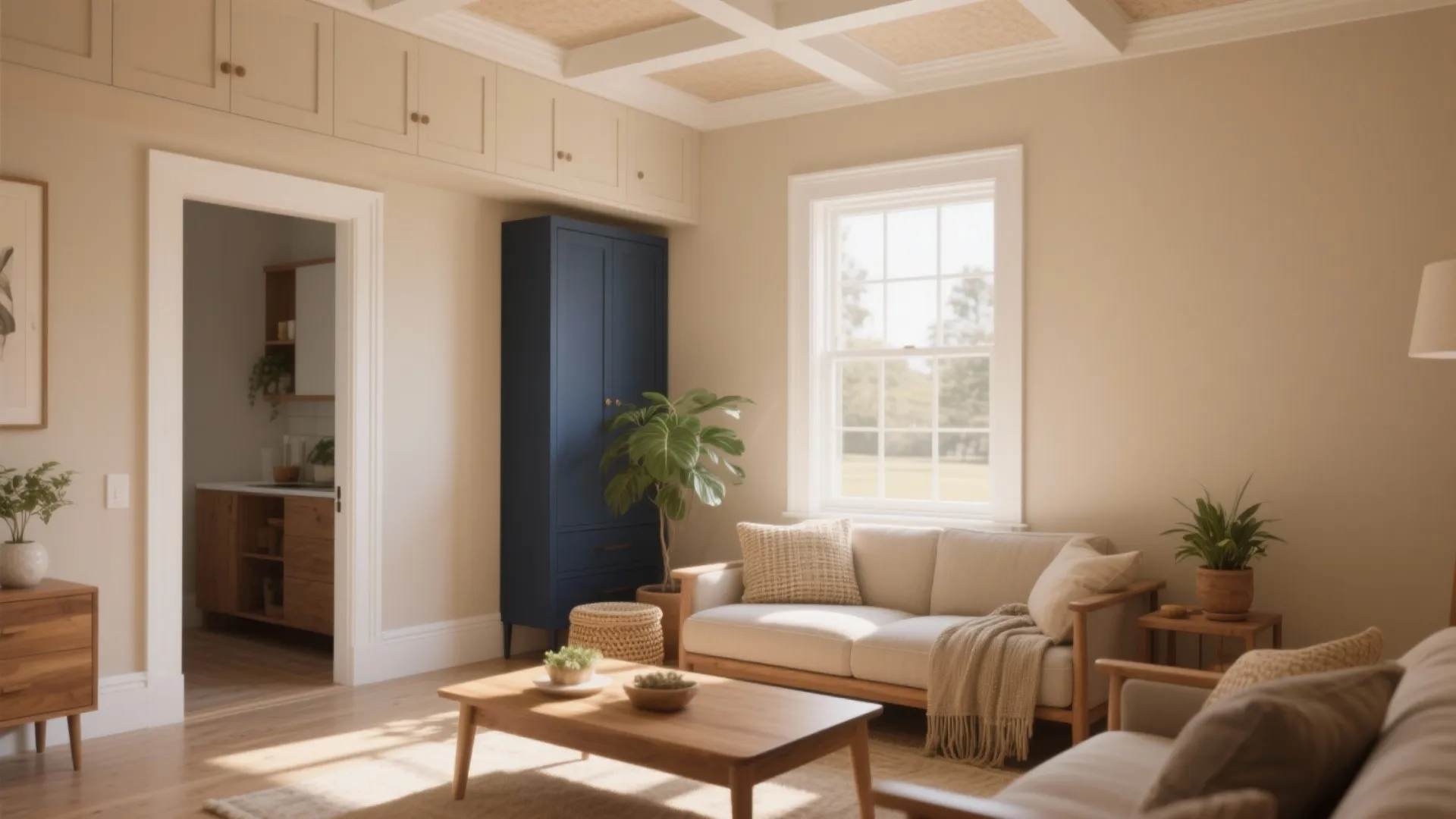 Cozy living room with beige sofa, wooden coffee table, blue cabinet, plants, and white window