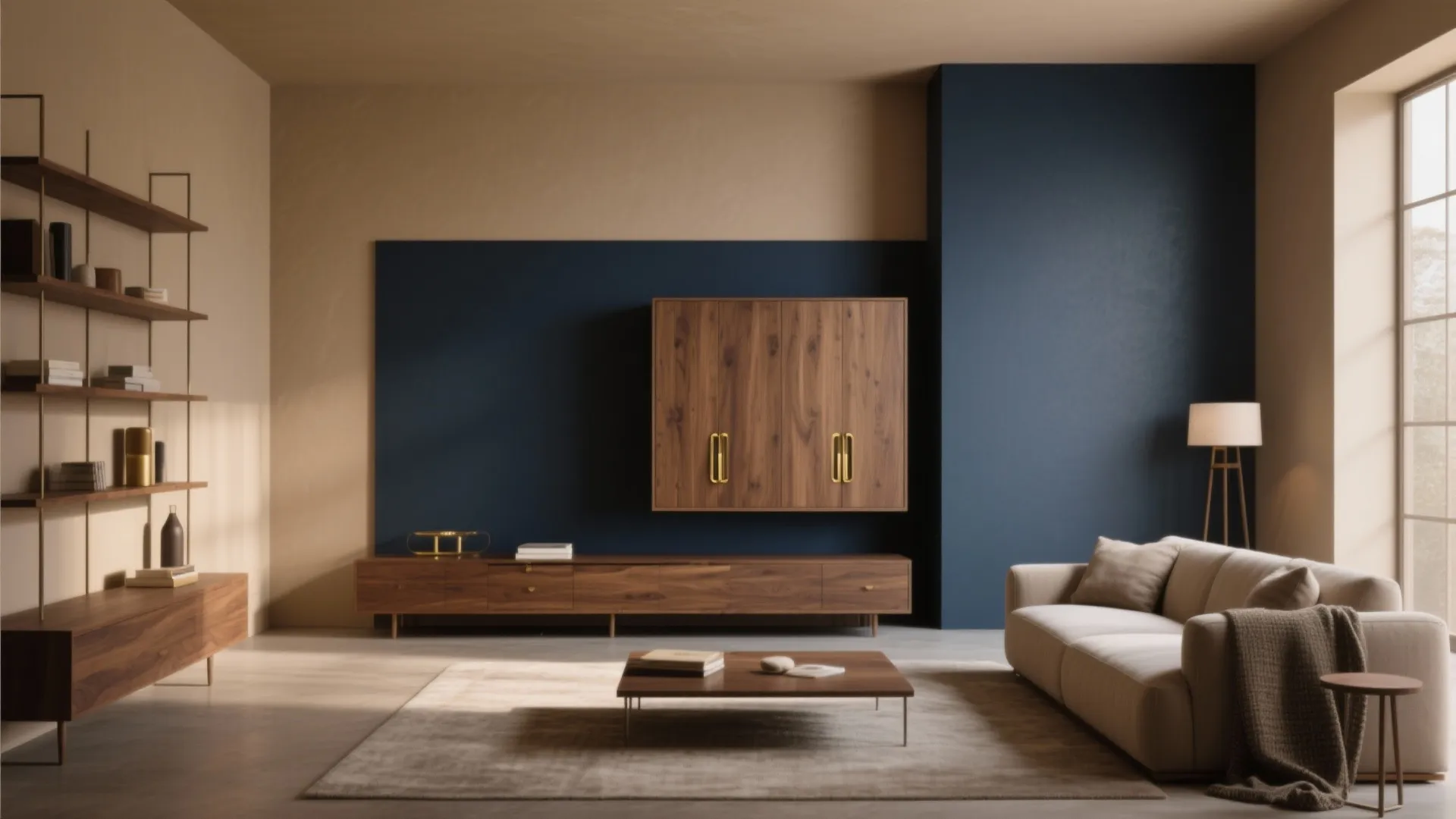 Modern living room with blue accent wall wooden cabinet beige sofa brown rug and natural light