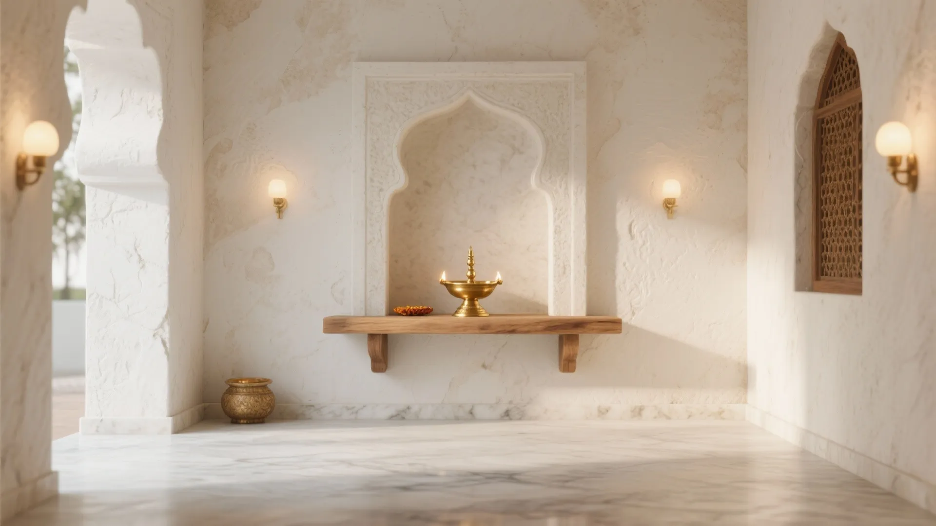 Minimalist prayer space with white textured walls arched niche wooden shelf oil lamp and wall lights