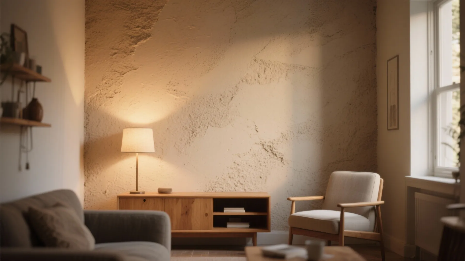 Living room with textured wall wooden cabinet table lamp comfy chair and warm natural sunlight through window