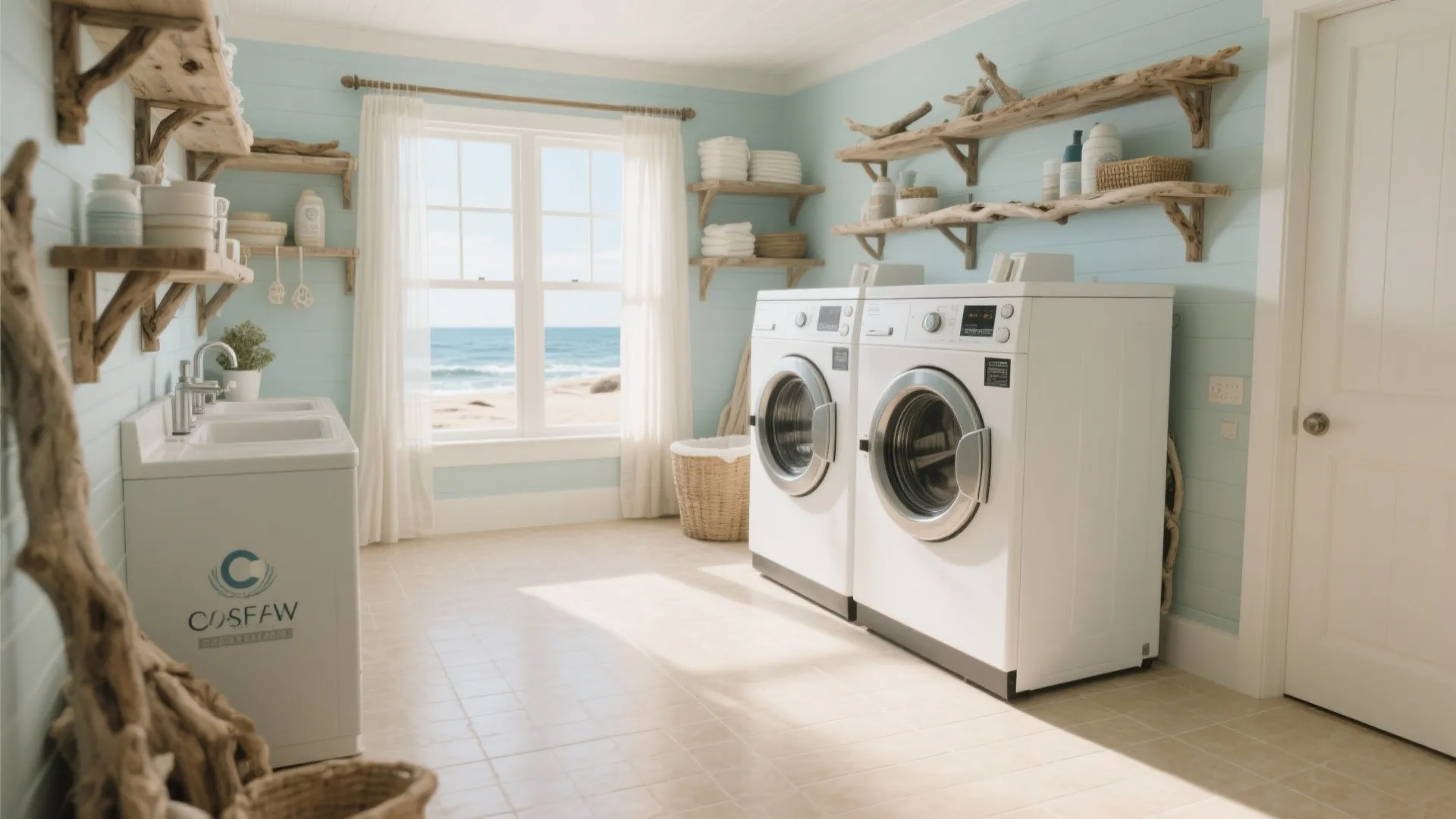 Coastal laundry room with light blue walls driftwood shelves white washer dryer and ocean view
