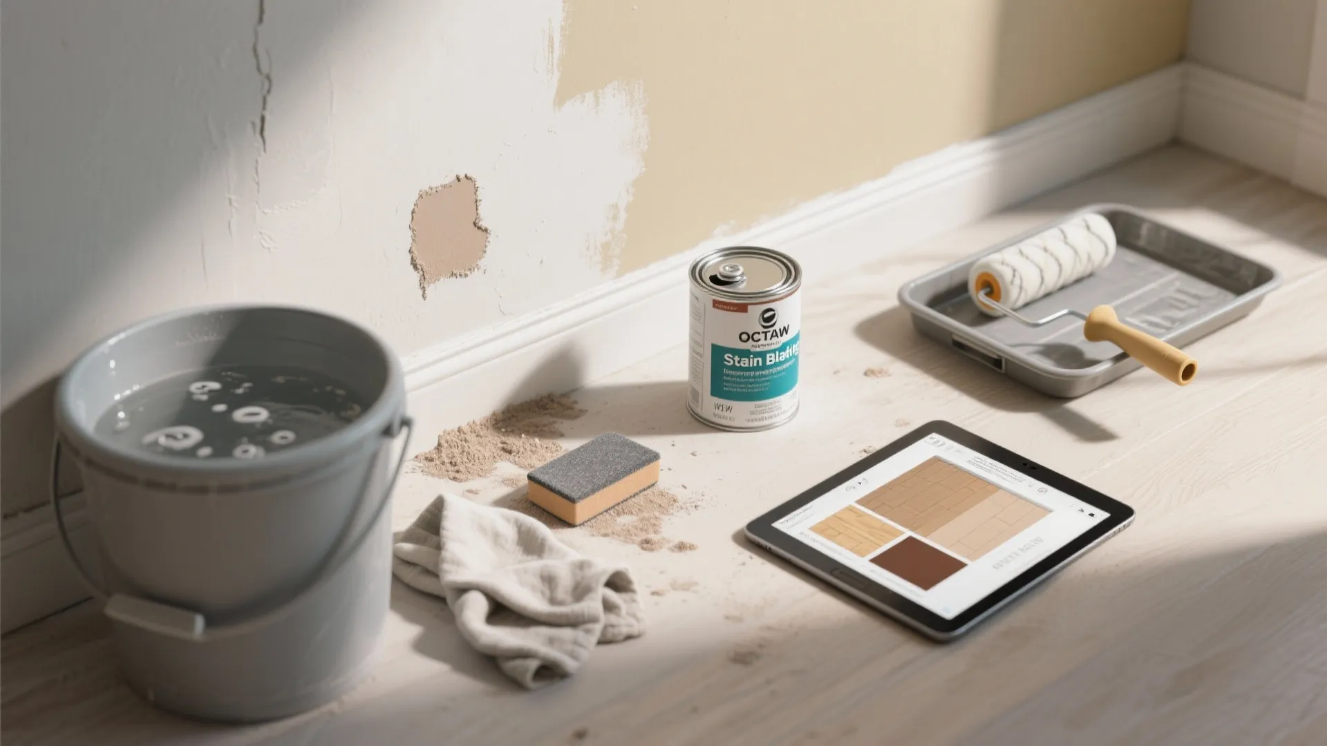 Home wall repair tools with paint can bucket sponge tablet and roller on light floor