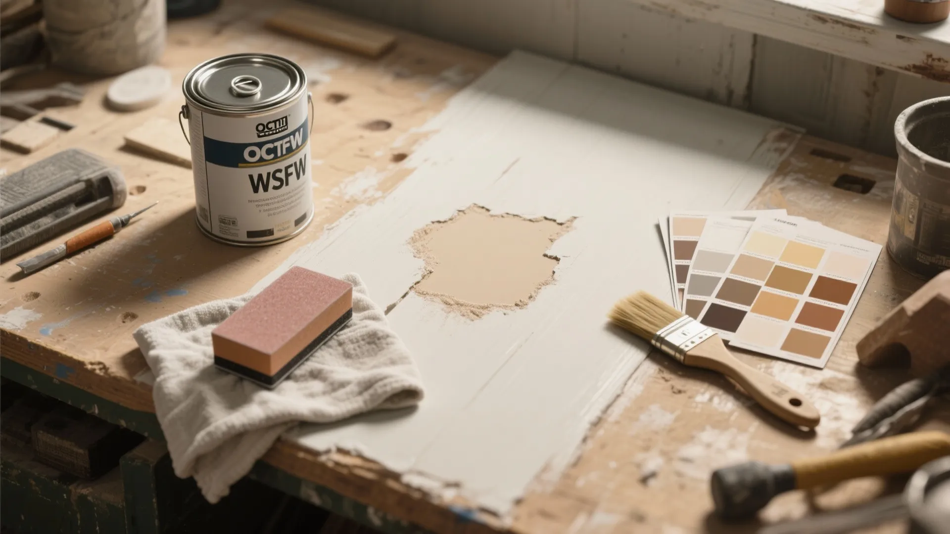 Workbench with paint can plus sanding tool and color swatches next to wooden board repair