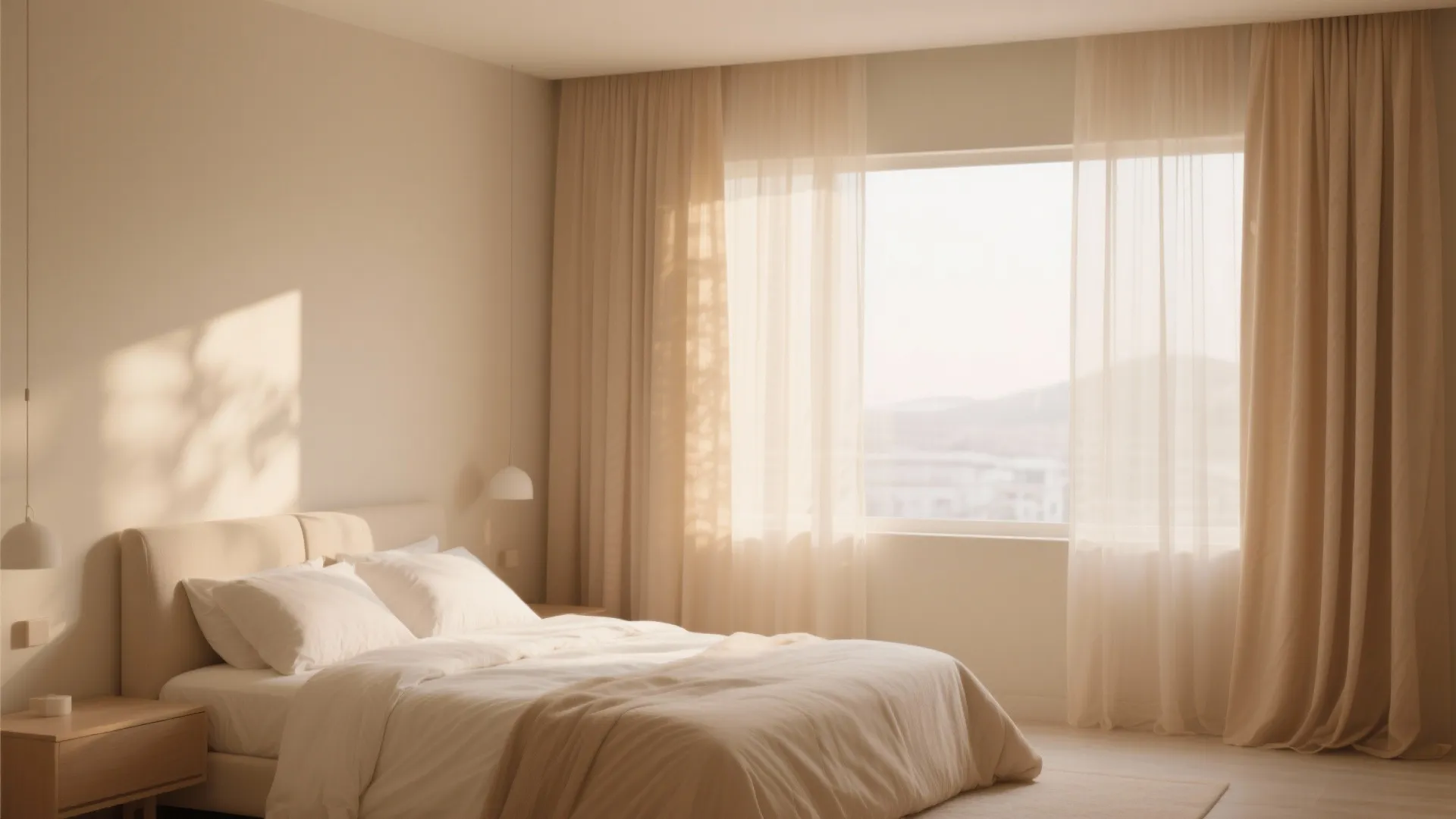 Sand tone bedroom with sheer beige curtains filtering daylight