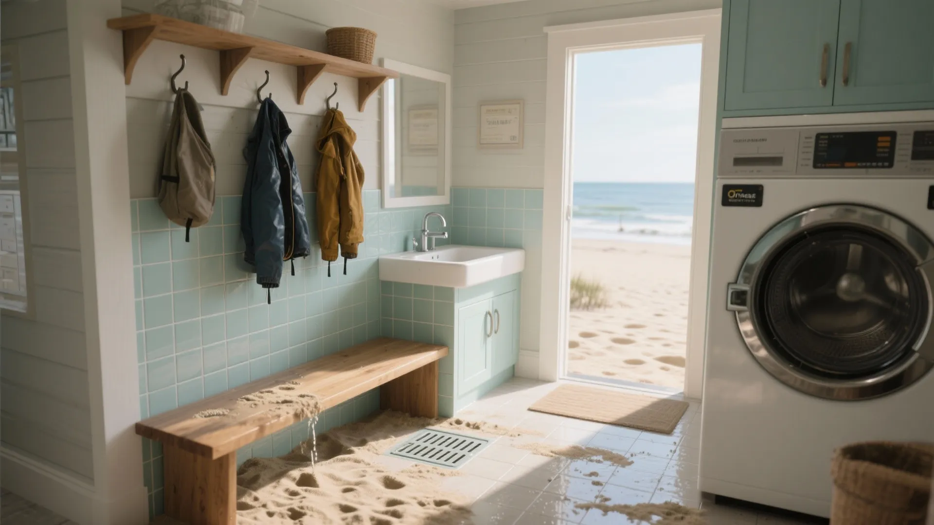 Beachfront laundry room with blue wall tiles, wooden bench, sand floor, sink, and washing machine