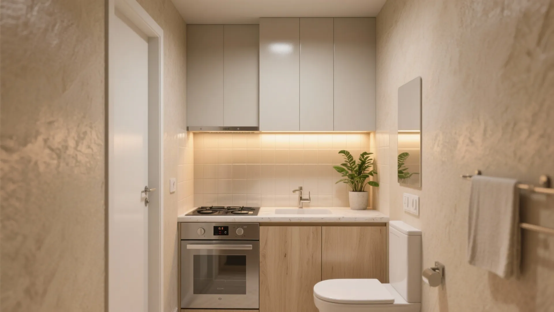 Small studio apartment interior showing a combined kitchen and bathroom area with light wood cabinets and toilet