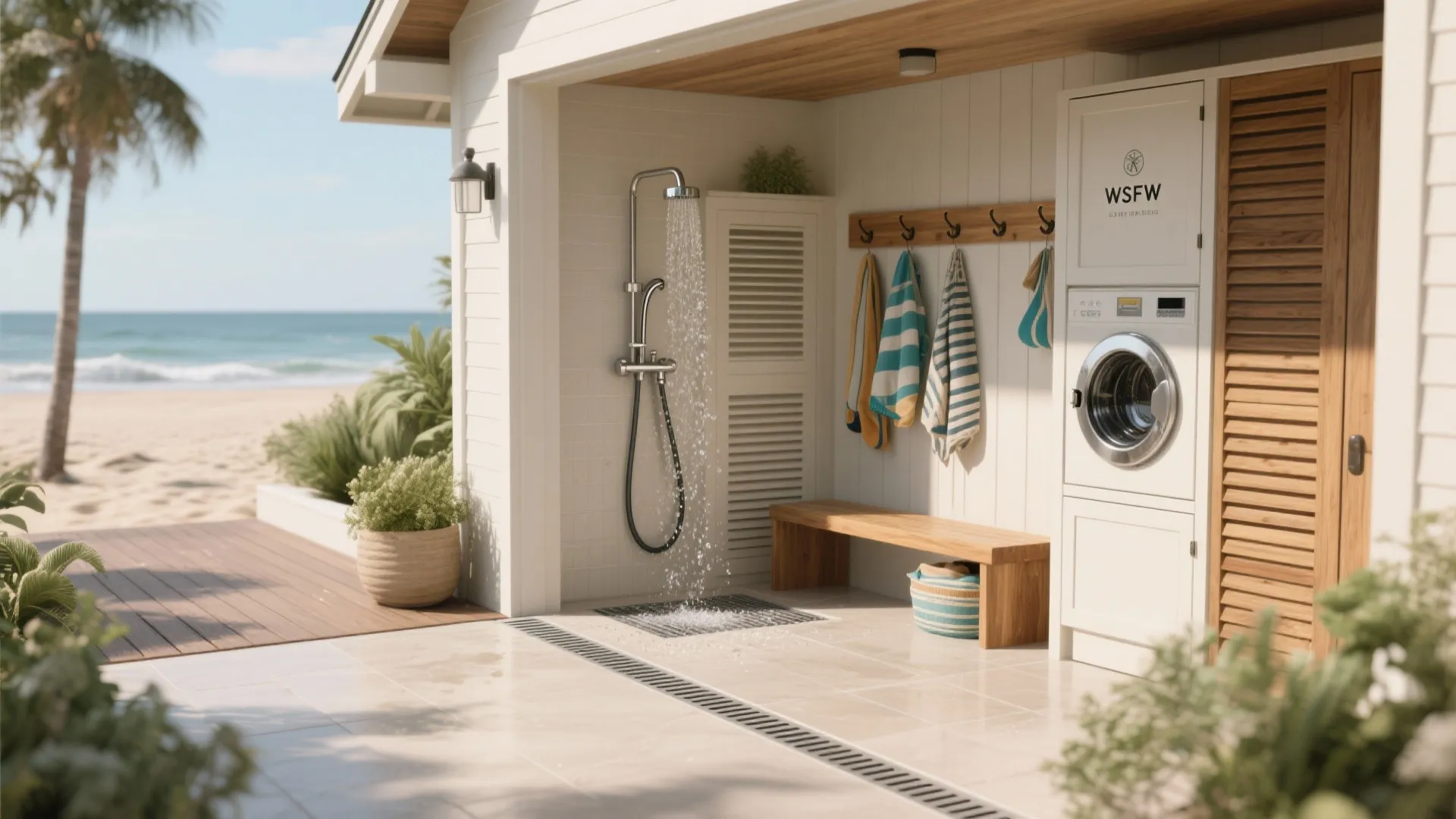 4) Sand-smart entries, outdoor showers, and bath planning