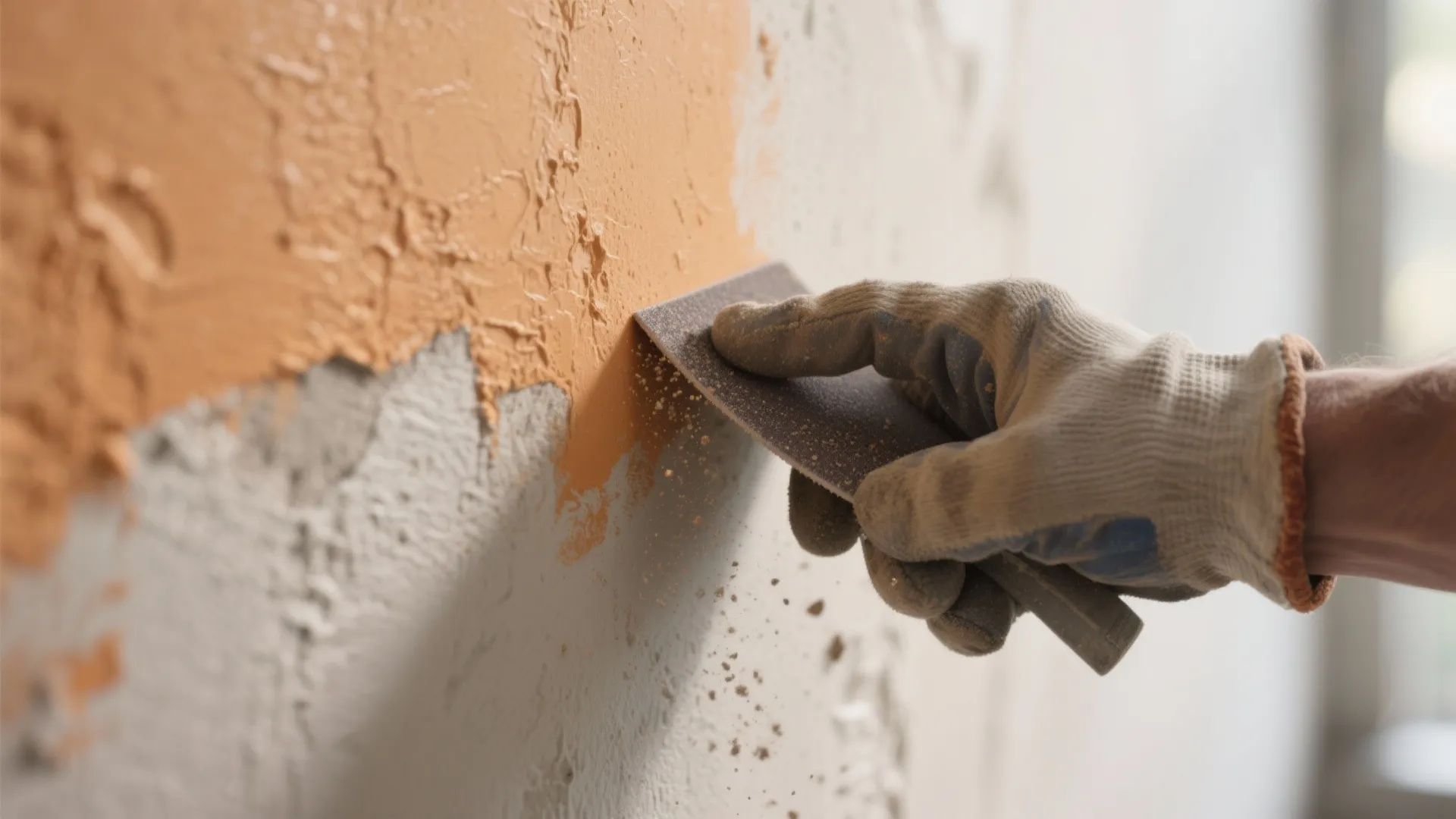 Person using a hand tool to sand an orange wall surface to make it smooth