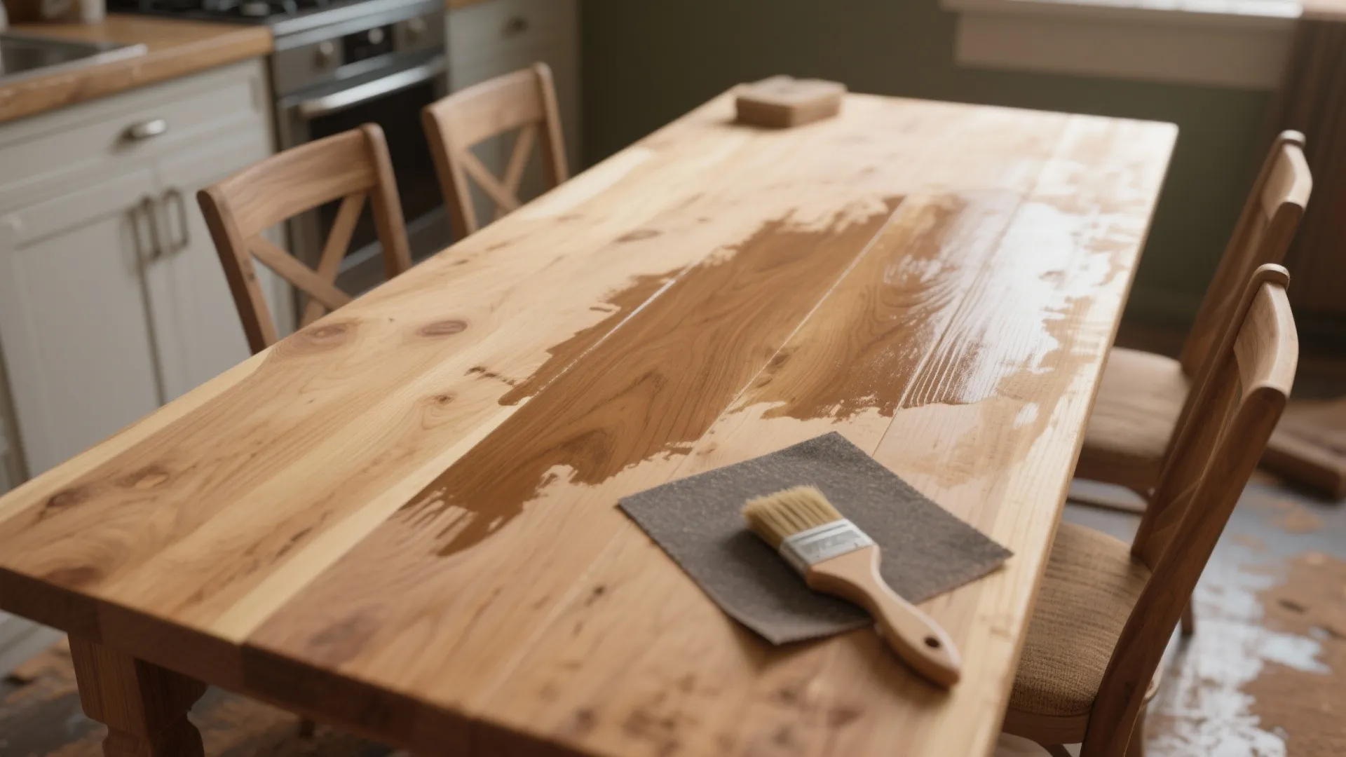 Applying wood stain to a large dining table with a brush and sandpaper in kitchen