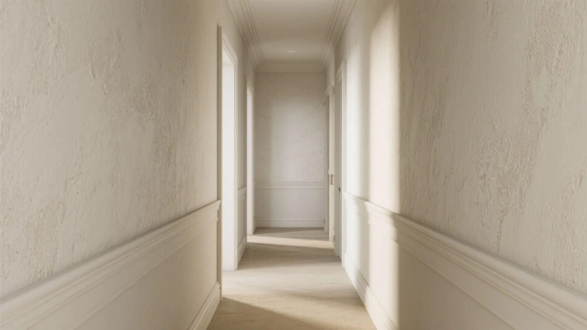 Fine sand-textured stucco hallway with soft trim shadows and diffused light.