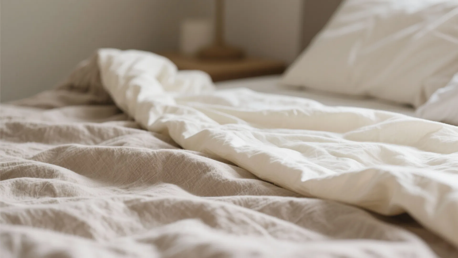 Close-up of layered sand-toned linen and cotton bedding