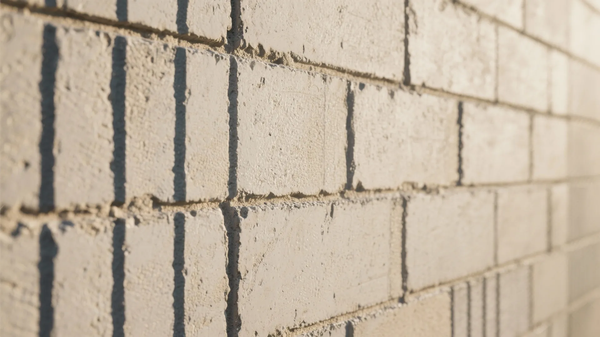 Close up shot of light beige exterior brick wall showing rough texture and natural afternoon shadows