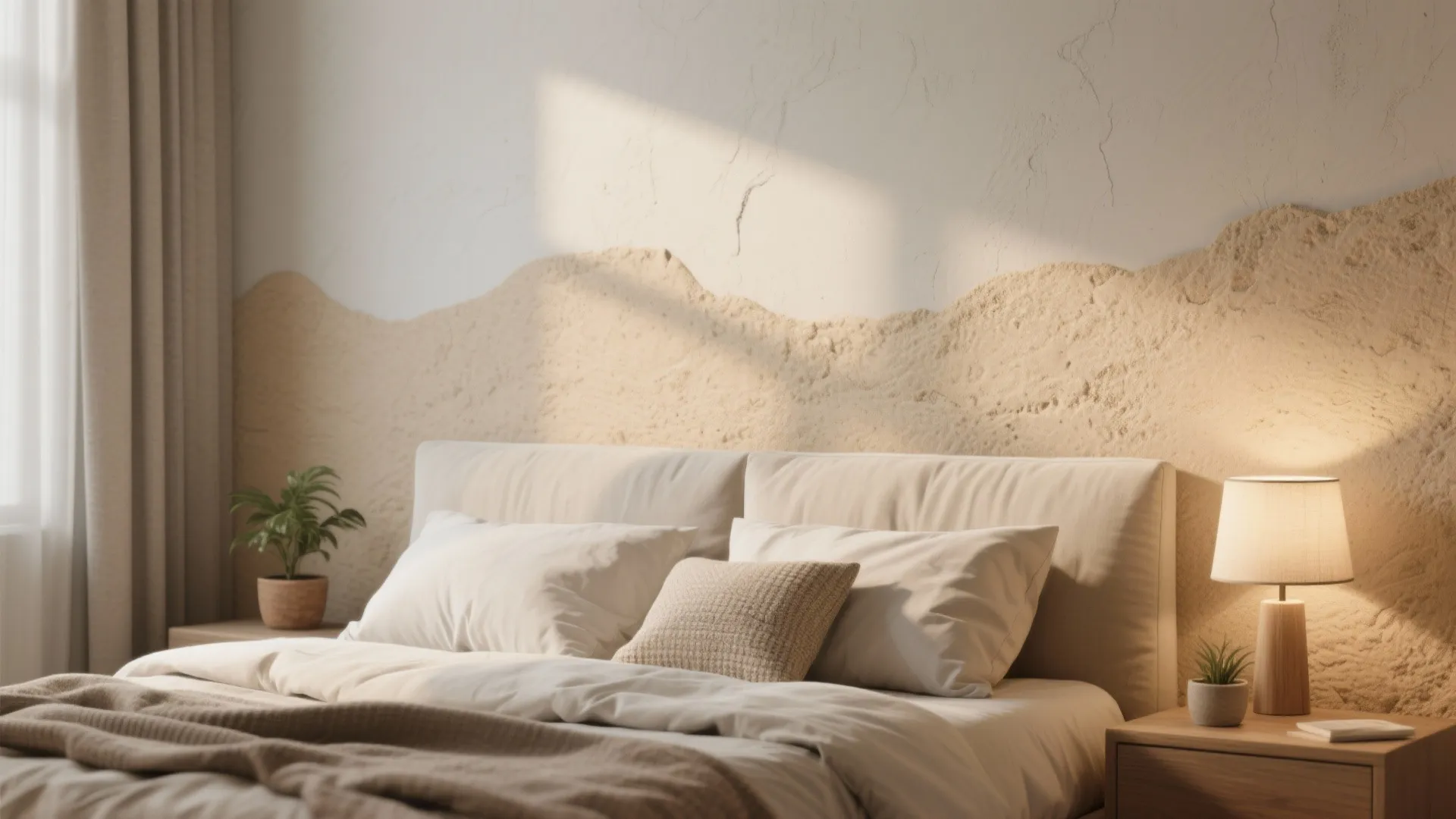 Cozy bedroom featuring textured sand wall design soft pillows wooden bedside table and warm lamp