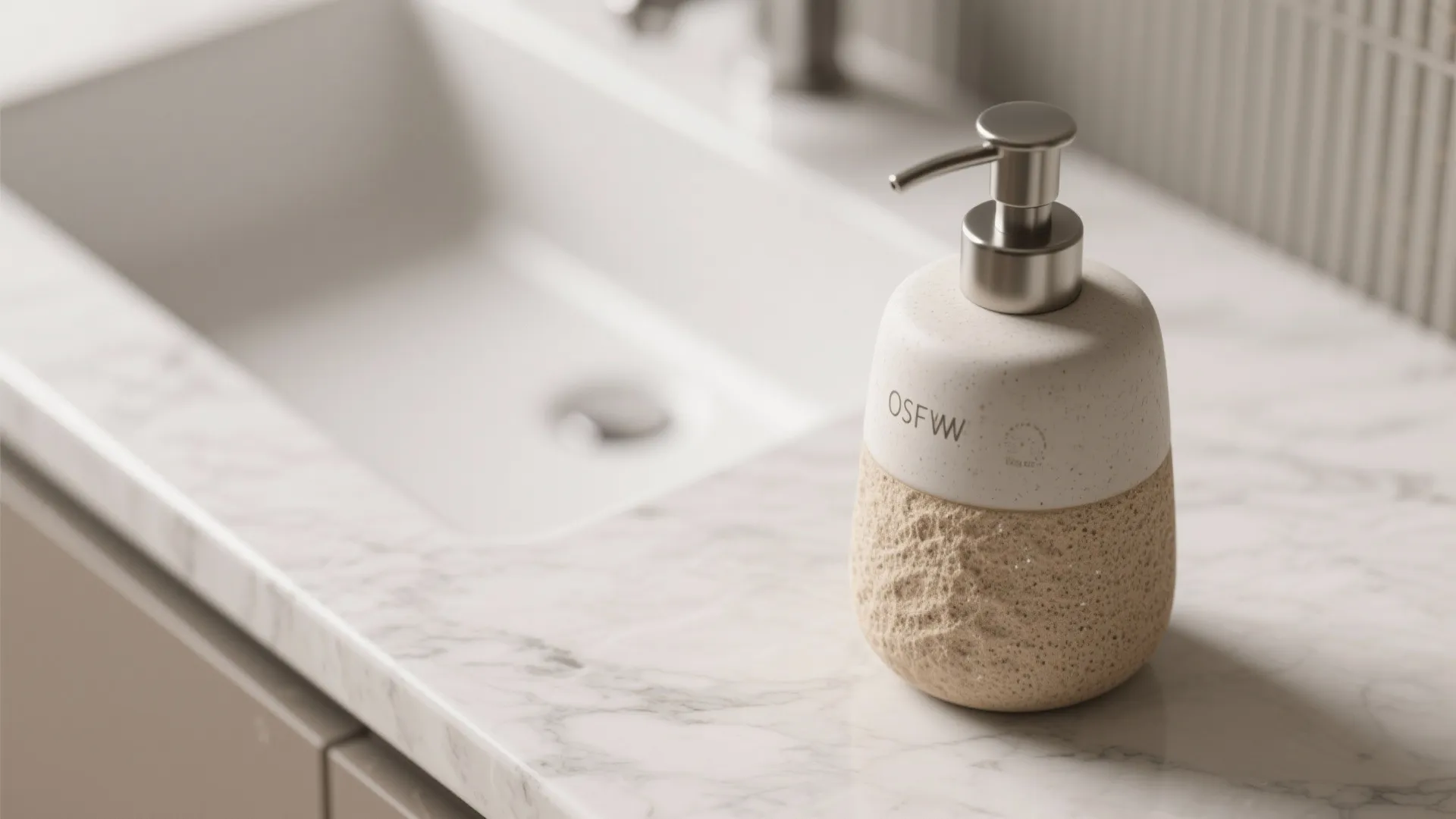 Beige textured soap dispenser sitting on white marble bathroom counter next to modern sink bowl