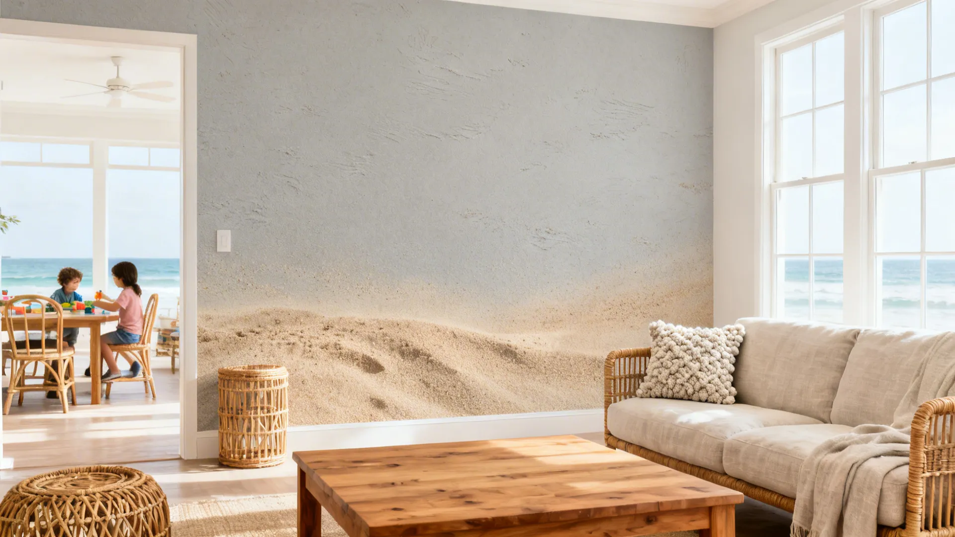 Family living room with pale gray sand-textured wall and natural materials.