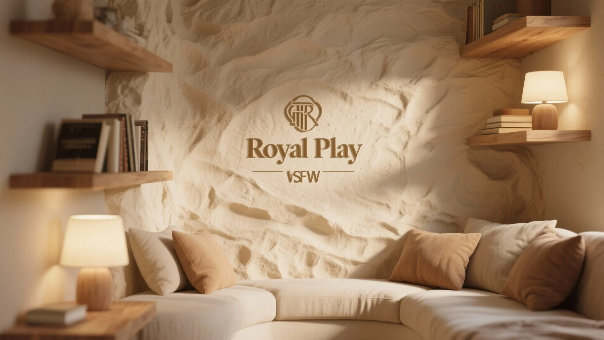 Cozy reading nook with textured sand wall curved white sofa wooden shelves and warm lamps