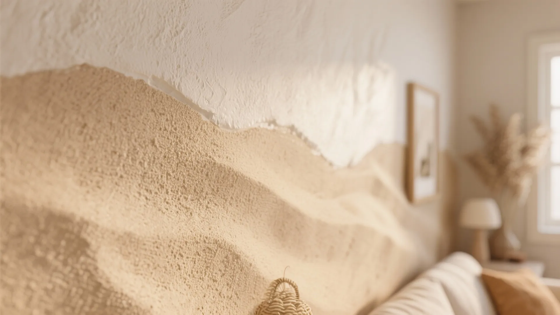 Close up of beige sand textured wall panel in a bright modern bedroom interior design