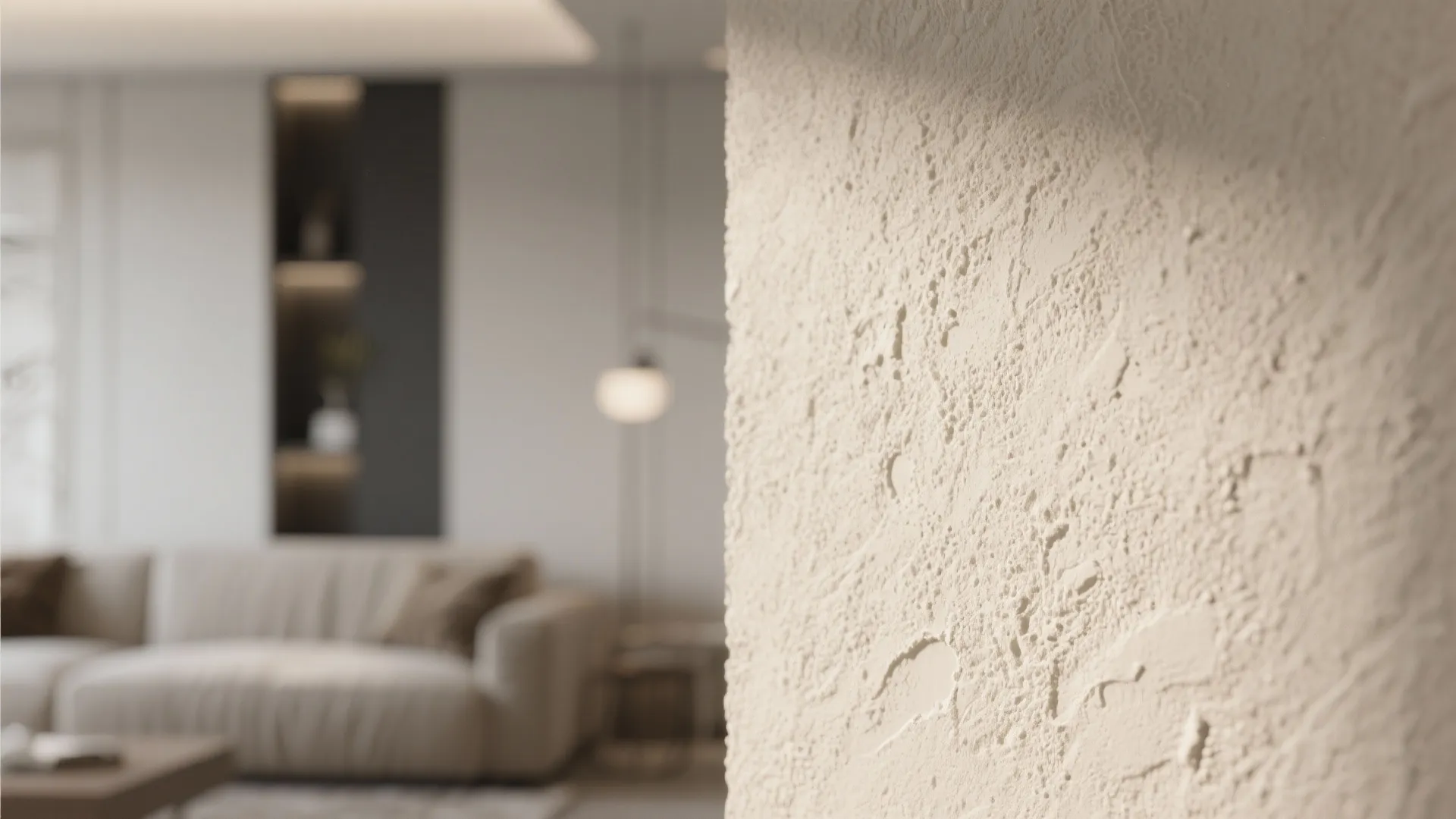 Close up view of cream sand texture wall with a blurry living room and sofa