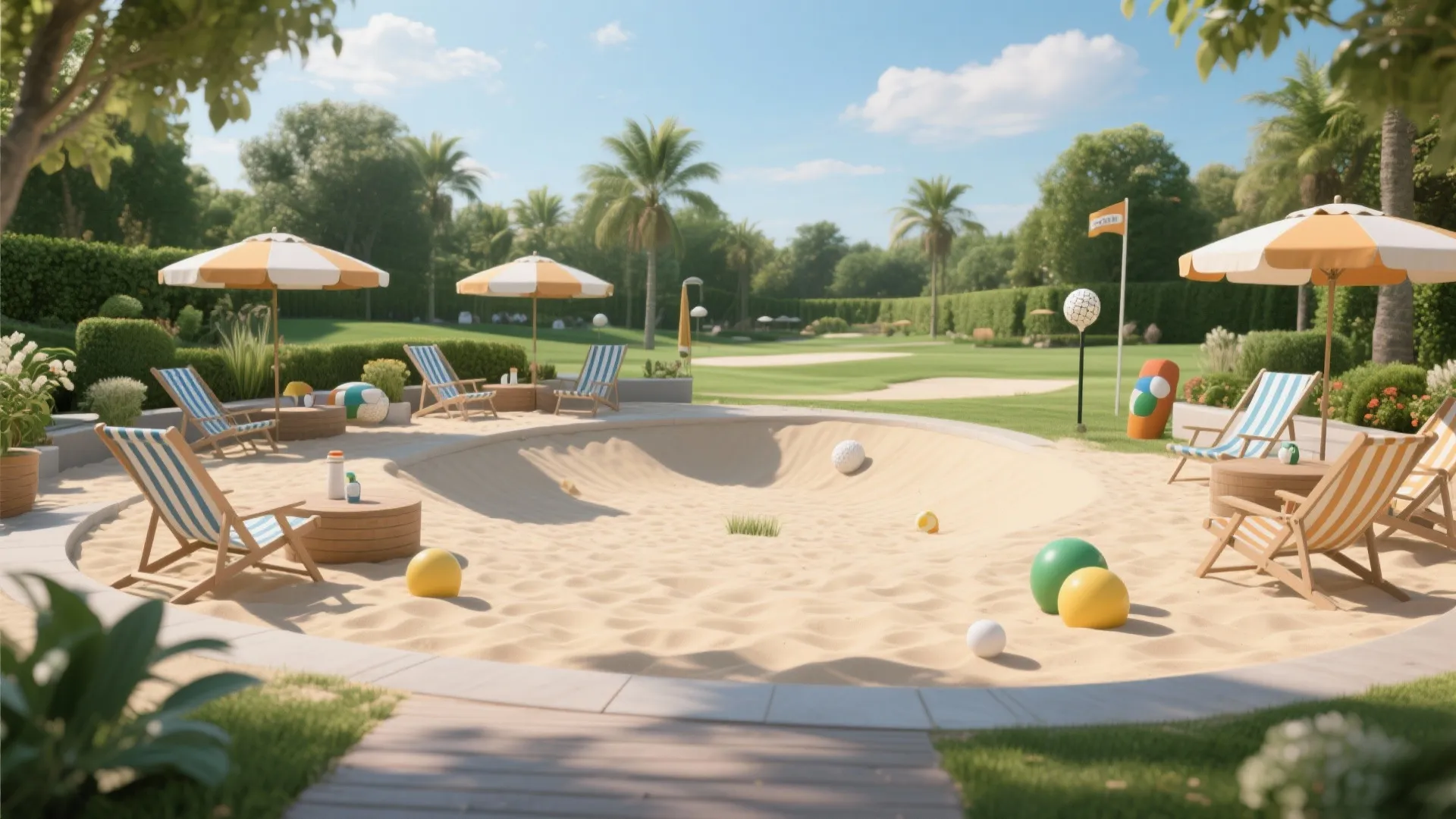 Outdoor patio design featuring a circular sand pit surrounded by striped chairs and yellow umbrellas