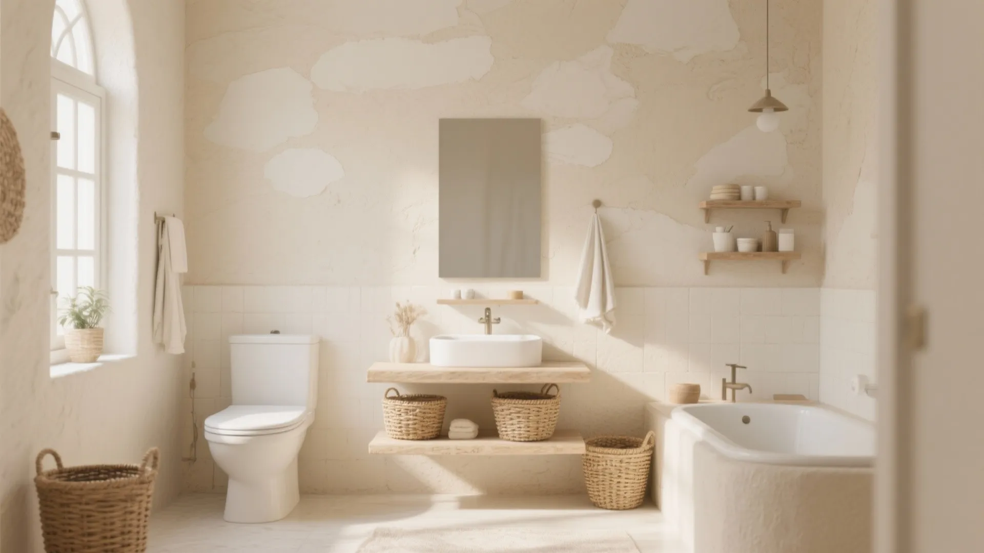 Rustic beige bathroom featuring white toilet wooden shelves sink woven baskets bathtub and light textured walls