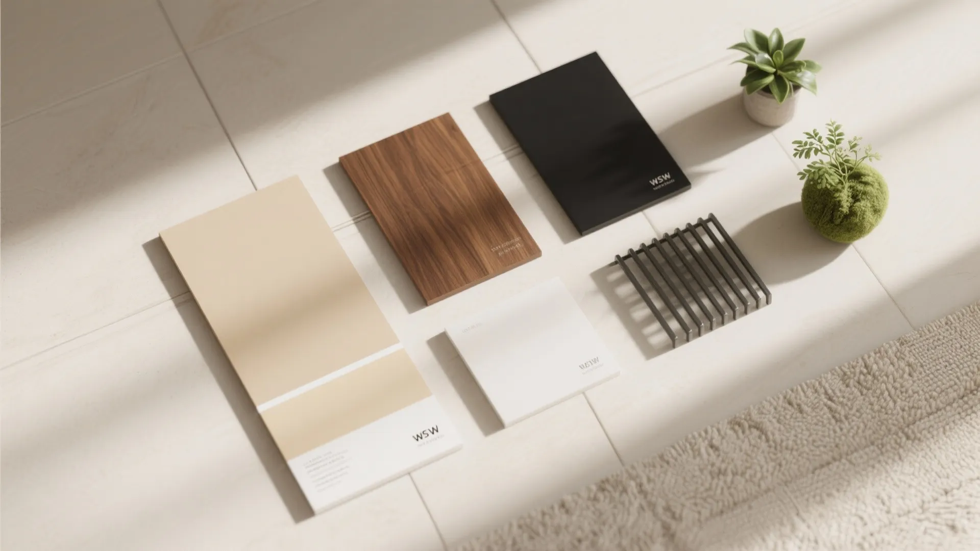 Interior design material samples including wood, black, beige and white panels on a tiled floor