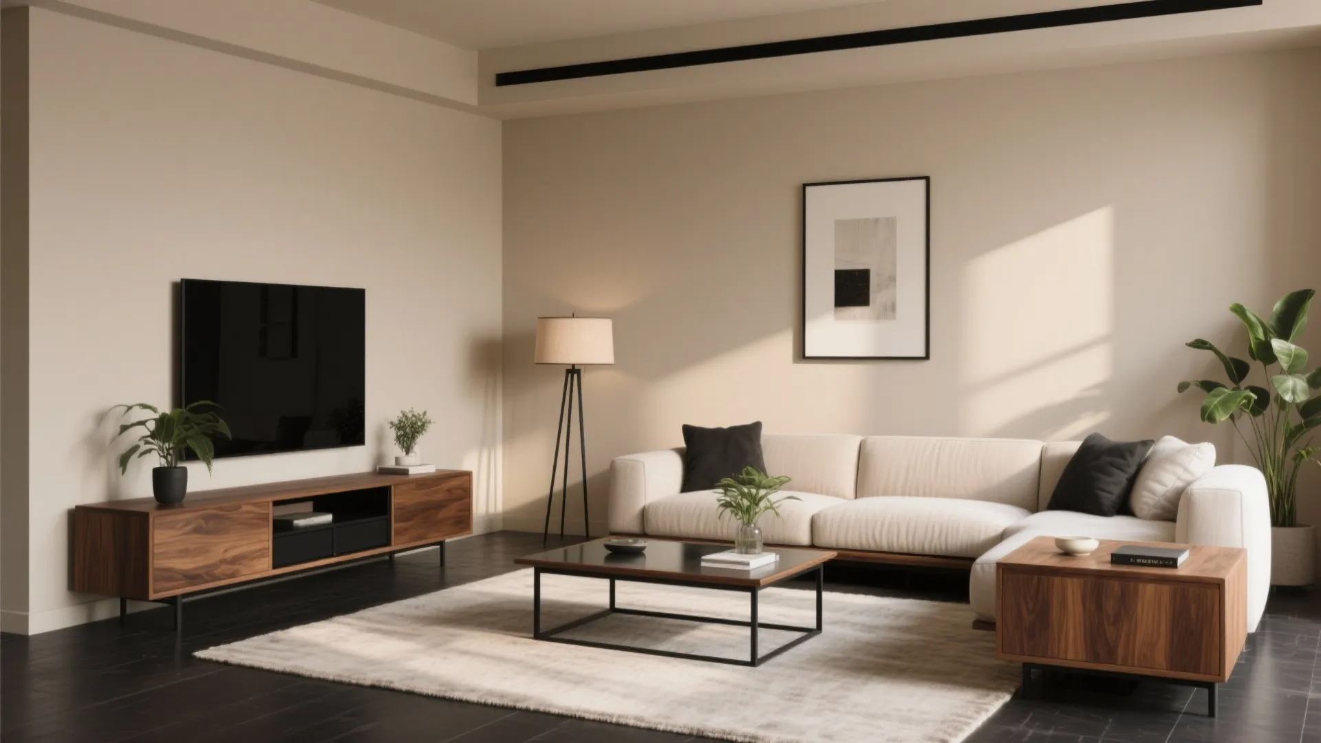 Modern living room featuring cream sofa walnut cabinet black coffee table floor lamp and green plants