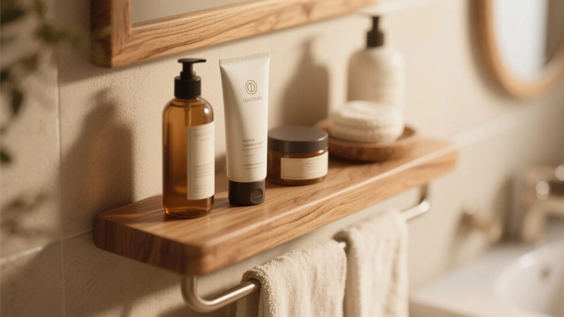 Wooden bathroom shelf holding skin care bottles and cream with white towels hanging underneath it